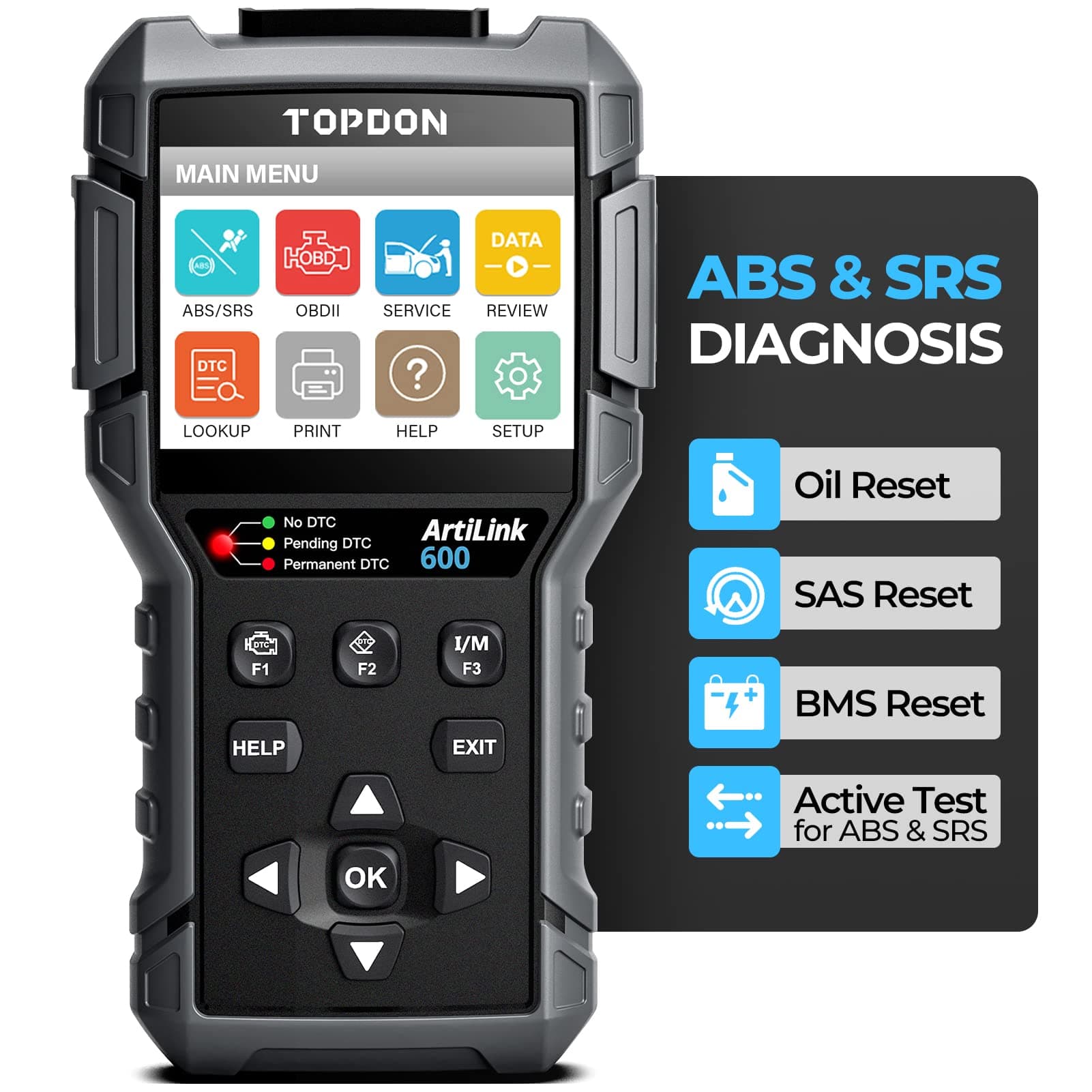 AL600 OBD2 Code Reader with Active Test, ABS & SRS Diagnostics, Car Maintenance Reset Service of Oil, BMS, SAS, Full OBD2 Functions, LED Lights, Free Software Update