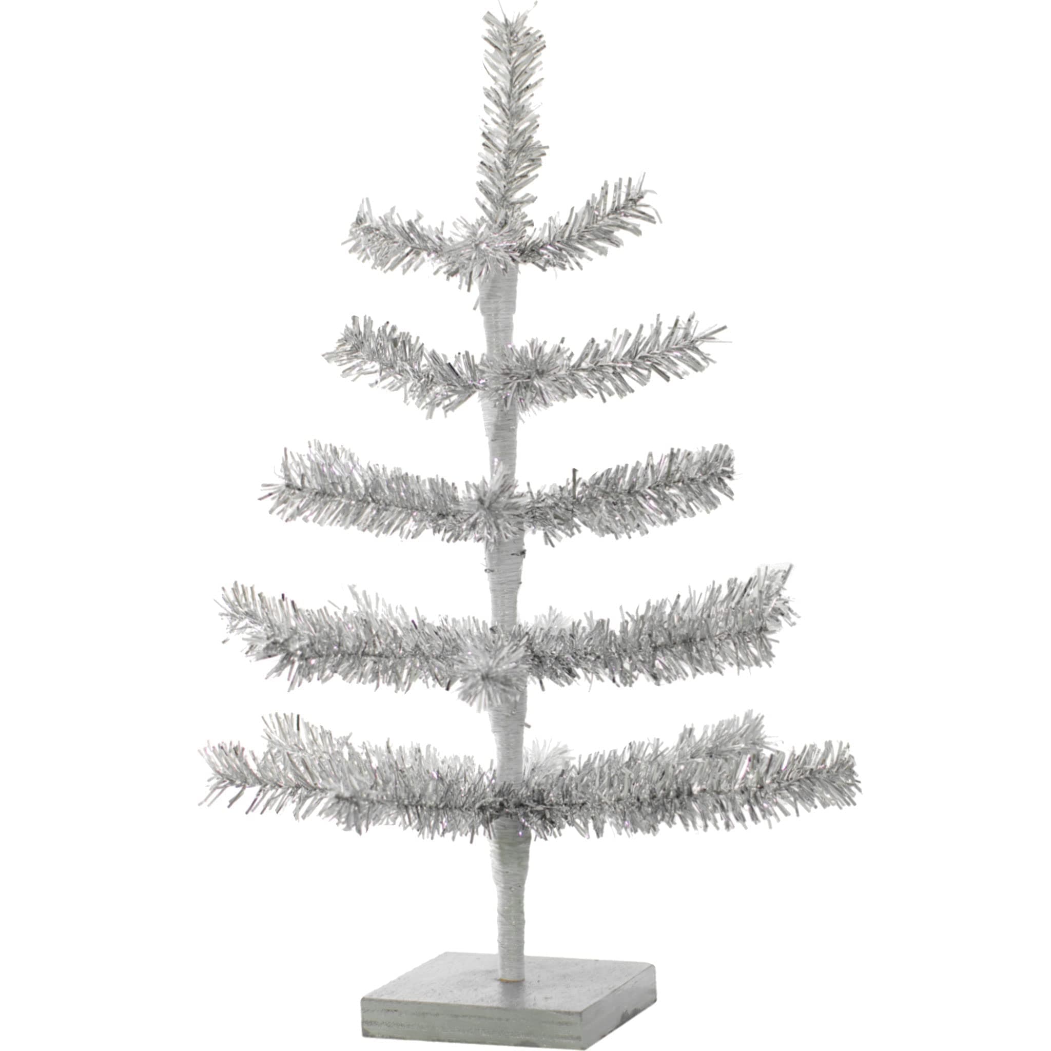 18in Silver Tinsel Christmas Tree Artificial Aluminum Thin Brush Branches Wood Base Stand Included