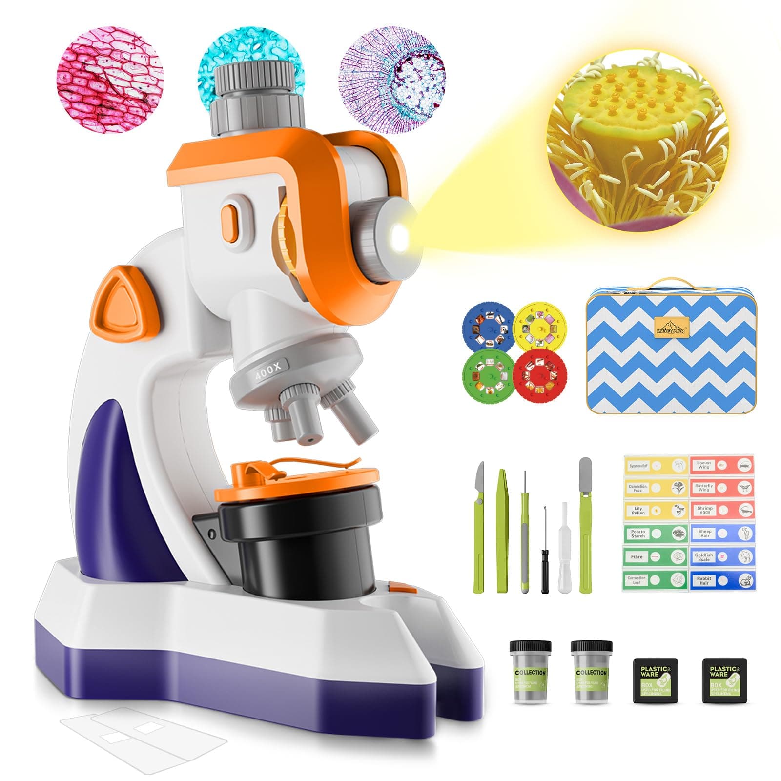 Kids Microscope 1200X with Projector - Microscope for Kids with Plastic Prepared Slides and Storage Bag - Science Edu Toy Gifts for Girls Boys Ages 8-12 Children Beginner (Orange-Purple)