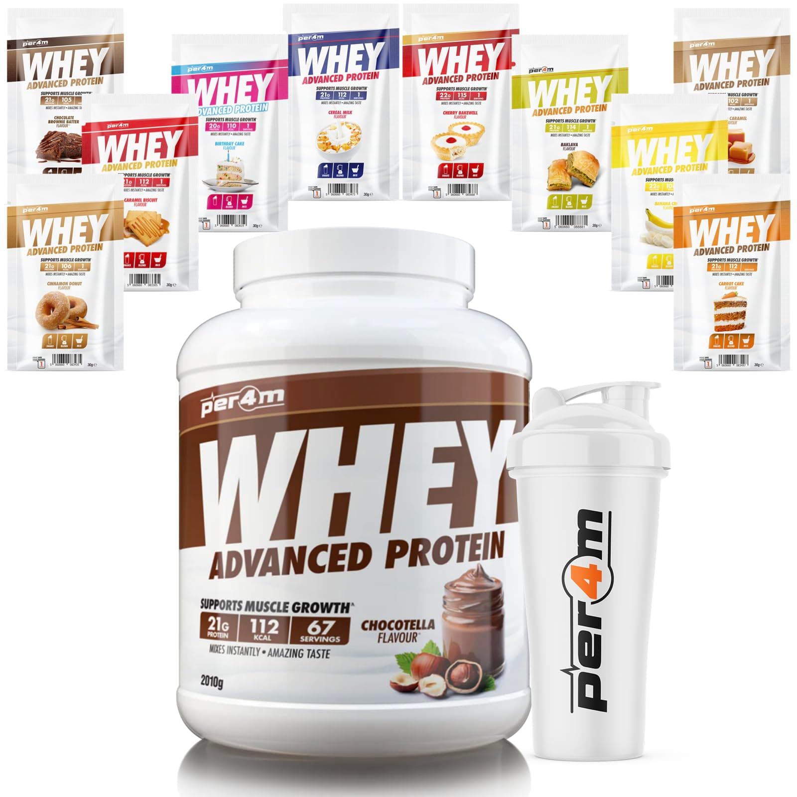 Per4m Advanced Whey Protein Powder | 67 Serving Low Sugar Protein Shake with Amino Acids | Perfect for Your Gym Bag and Travel | Shaker & 10 Mixed Selection Sachets (2010g, Chocotella)