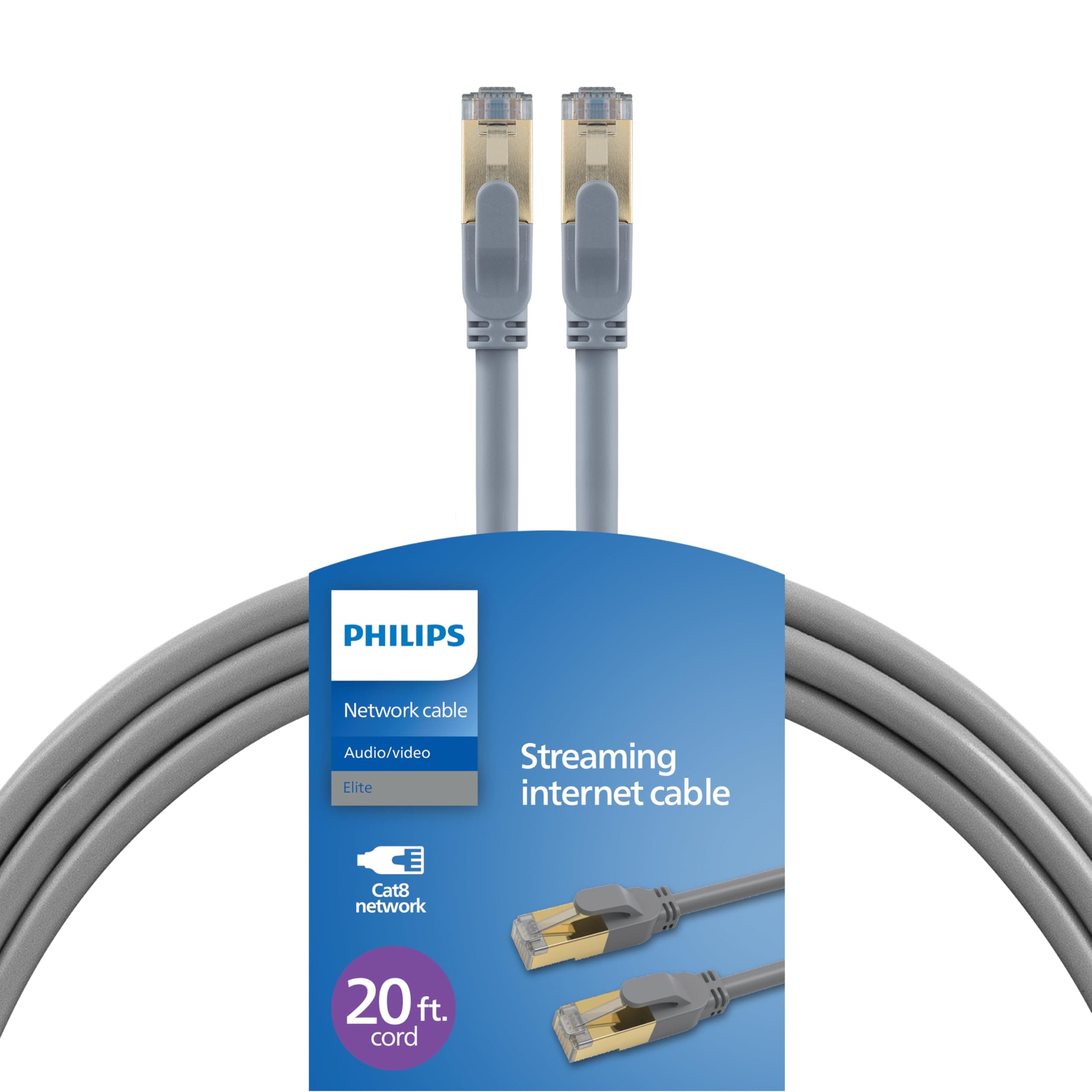 Philips Cat8 Ethernet Cable, Extra Long 20 Ft Cord, 40 Gbps, 2000Mhz, RJ45M Connector, S/FTP for Computer, Game Console, Cable/DSL Modem, Network Switch, Streaming Device, Gray, SWR3143GR/37
