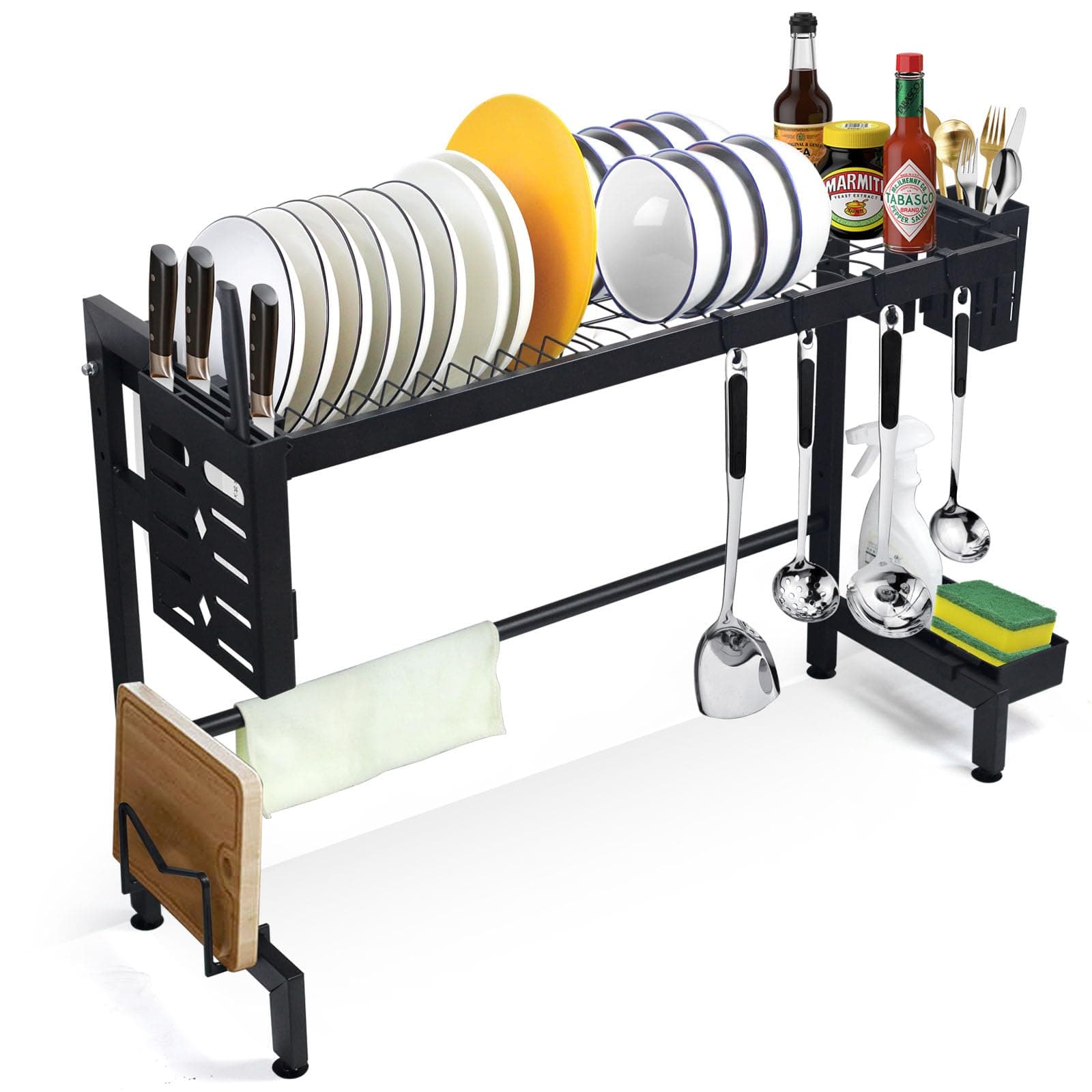 SKY-TOUCH Dish Drainer Rack | Over The Sink Dish Drying Rack | 2 Tier Dish Rack | with Metal Hook |Utensil Sponge Holder Caddy｜Large capacity and space saving(24.8"-34.4") Black