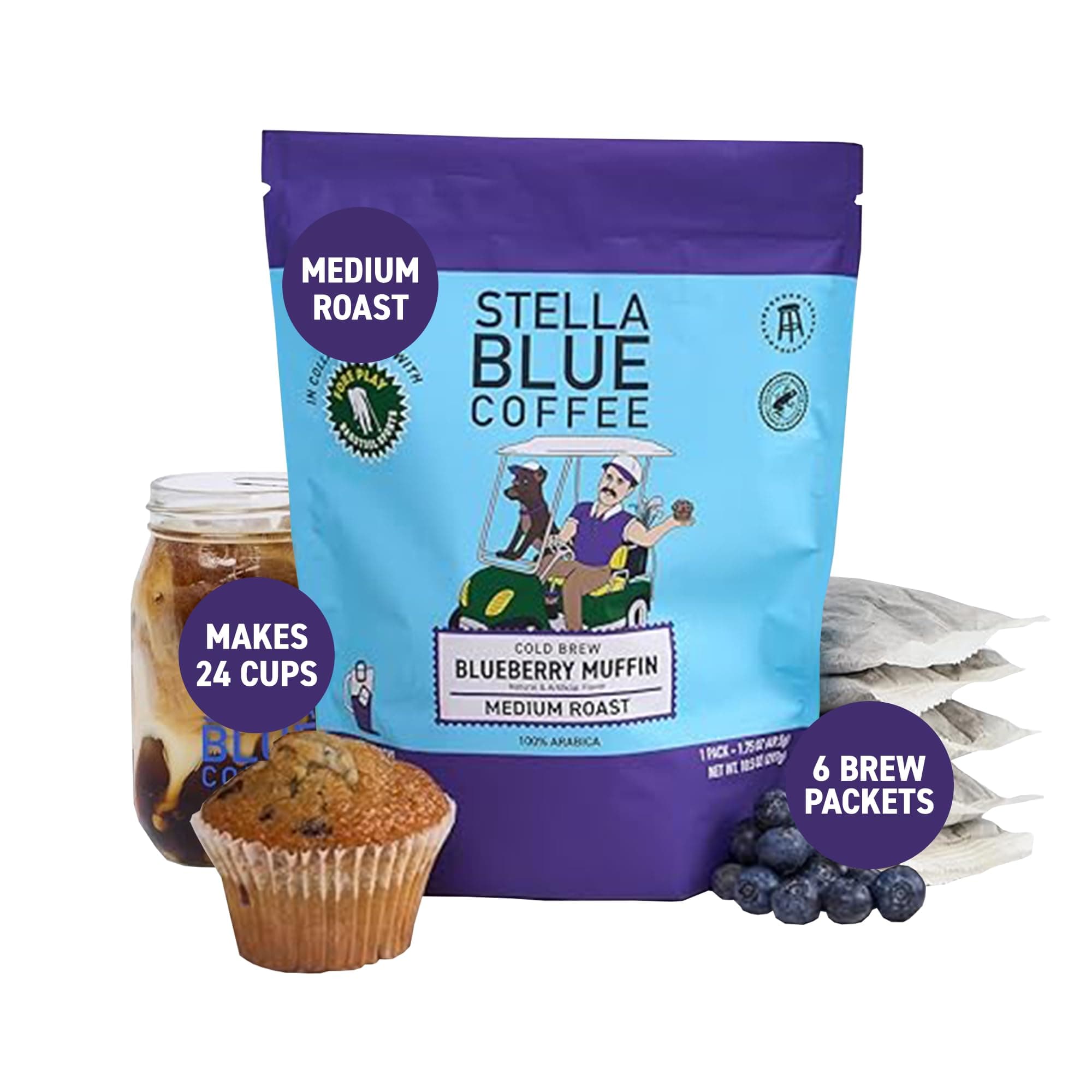 Cold Brew Coffee Packets, Blueberry Muffin, Medium Roast Ground Coffee, Blueberry, Warm Cinnamon and Brown Sugar Notes, 100% Arabica, 6 Brew Packets, Makes 24 Bold Cups