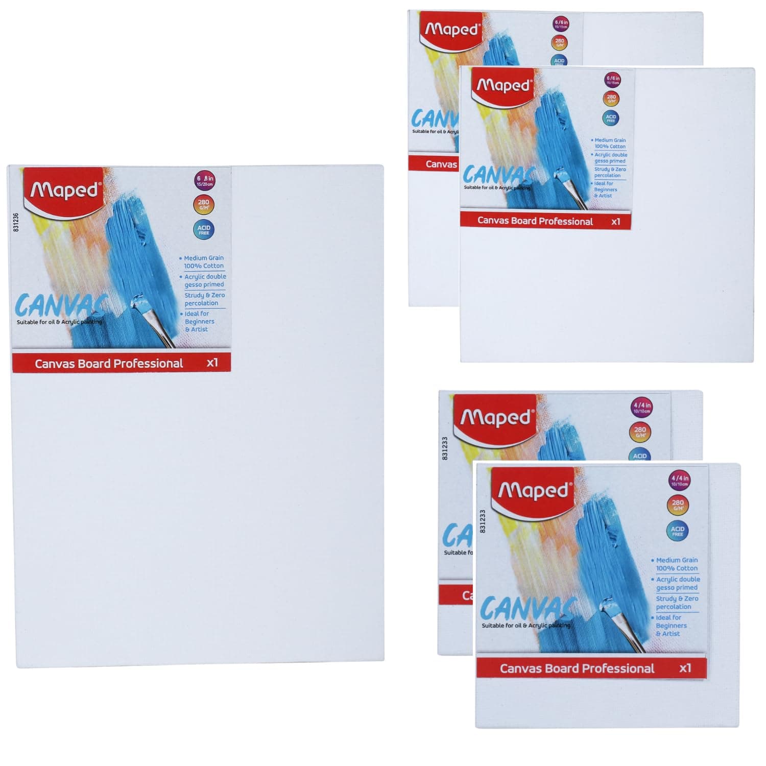 Maped Canvas Board Set-5pcs|6" x 8"- 1pc, 6" x 6"- 2Pcs & 4" x 4"- 2Pcs|Canvas Board Set|Ideal for Acrylic Colour, Oil Paint & Poster Colour|Birthday Gift| Return Gift|Canvas Painting|Canvas Panel