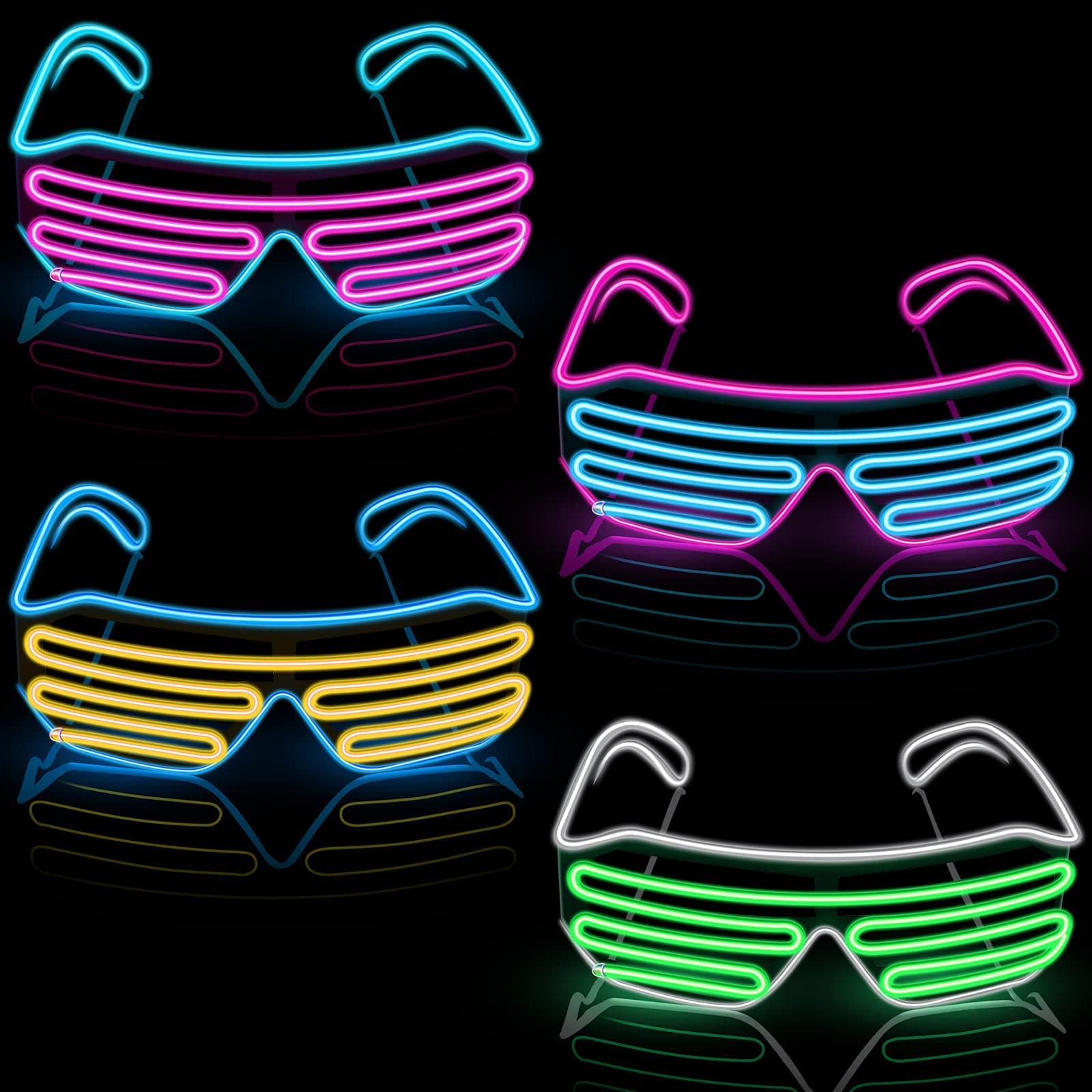 PFUTURE 4 Pcs Shutter Flashing LED Neon Glasses, Light Up Wire Rave Flashing LED Glow Plastic Shades Glasses Glow in The Dark Party Supplies for Clubs, 80s Musical Nightclubs Concert Party