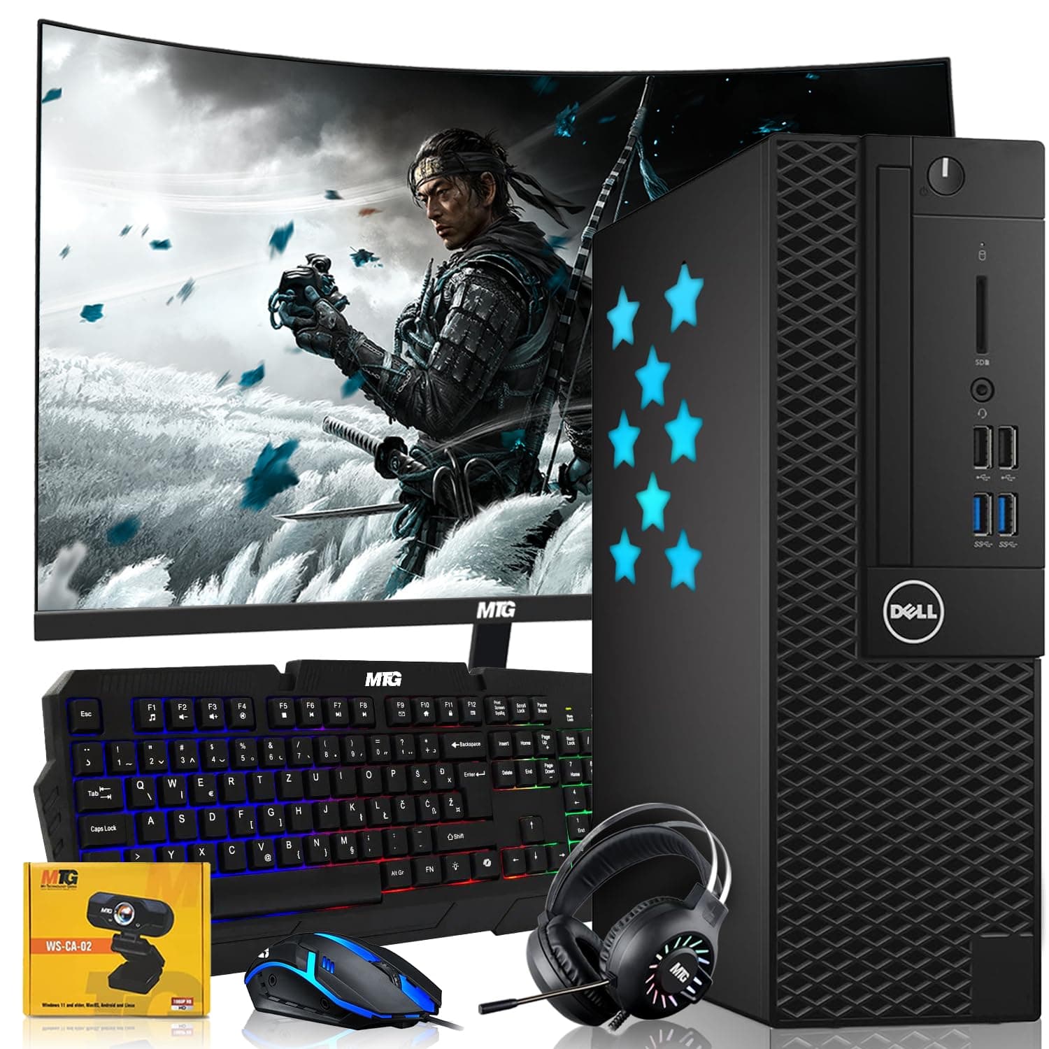 Dell Desktop PC Gaming Bundle - Core i7, 16GB RAM, 512GB SSD, 24-inch Curved Monitor, AMD RX 550, RGB Keyboard with AI-Enabled Copilot Key, Mouse, RGB Headphone, Webcam, Wi-Fi, Win 11 Home (Renewed)