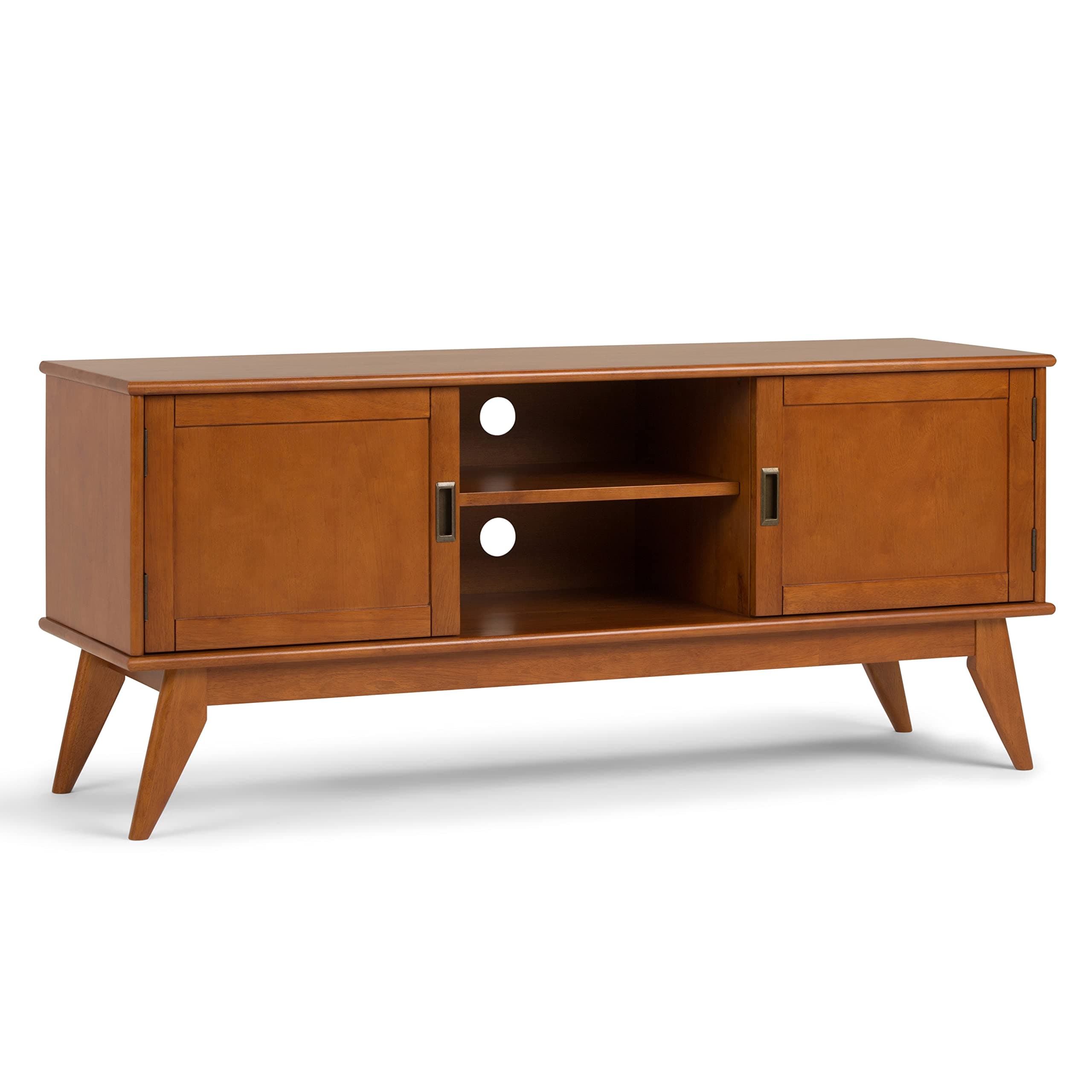 SIMPLIHOME Draper TV Stand - 60 inch Wide Solid Wood Low Media Console in Teak Brown, Mid Century Modern Entertainment Center for Living Room for TVs up to 65 Inches with Cabinets and Cable Management
