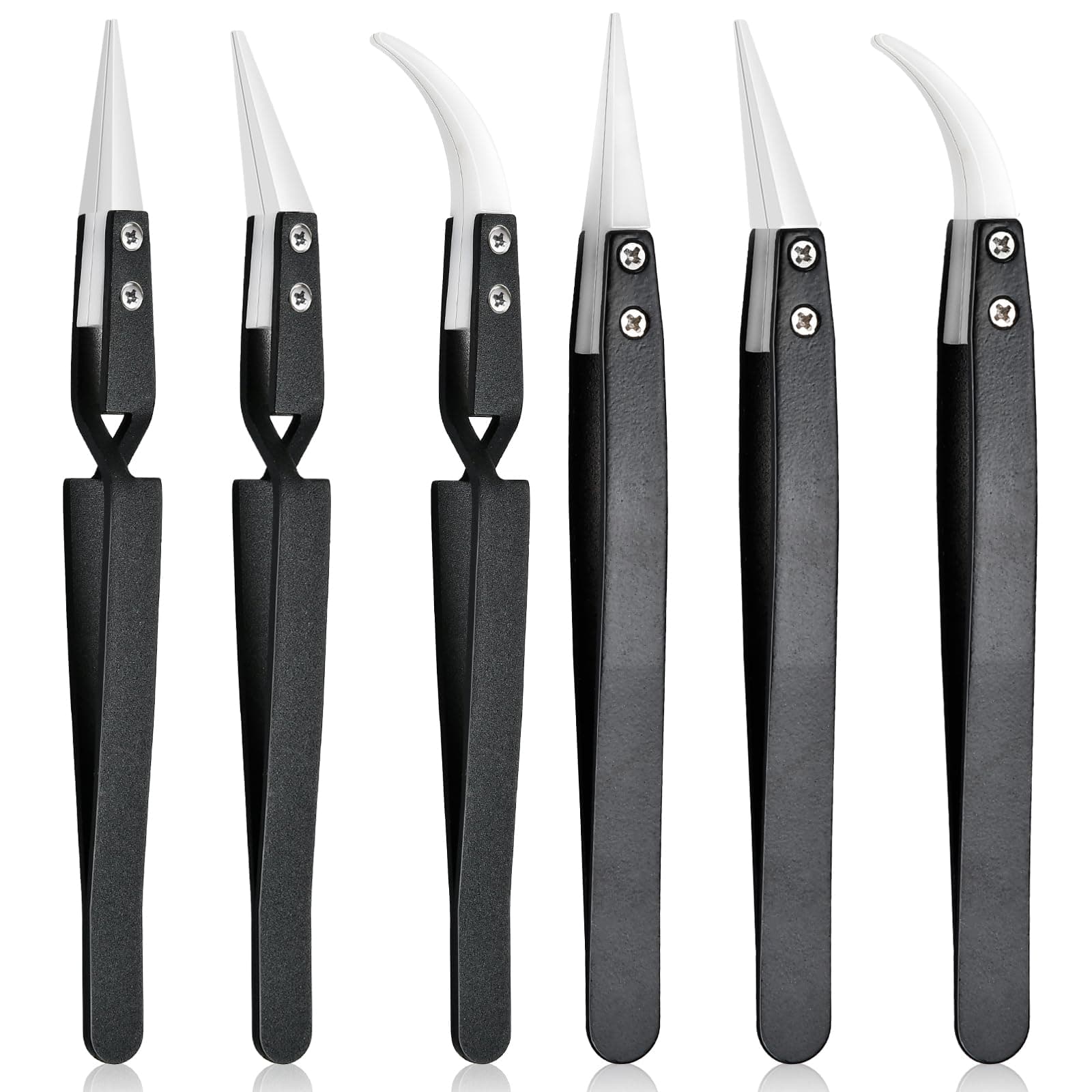 6 Pcs Precision Reverse Ceramic Tweezers Set, Non-Conductive Heat-resistant Electronics Soldering Tweezers Anti-Magnetic Pointed & Curved Tips Tweezers for Solder, Pinching Coils (Black)
