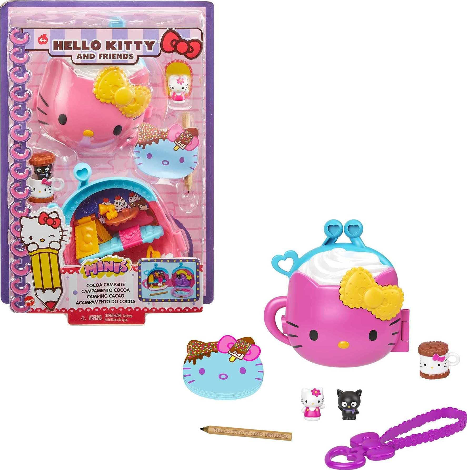 Mattel Hello Kitty Hot Cocoa Camp Compact (4.9-in) with 2 Sanrio Minis Figures, Stationery Notepad and Accessories, Great Gift for Kids Ages 4Y+