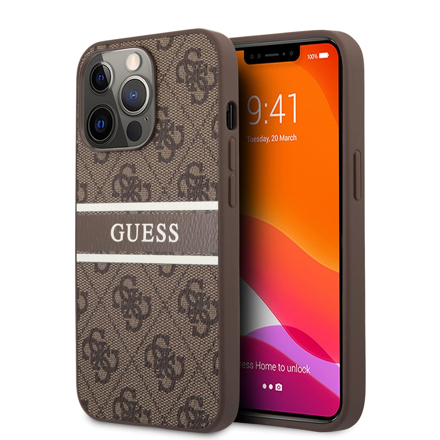CG MOBILE Guess 4G PU Leather Case with Printed Stripe Compatible for iPhone 13 Pro Max (6.7") Elegant Leather Cover, Modern Design, Shockproof & Drop Protection Back Cover Officially Licensed (Brown)
