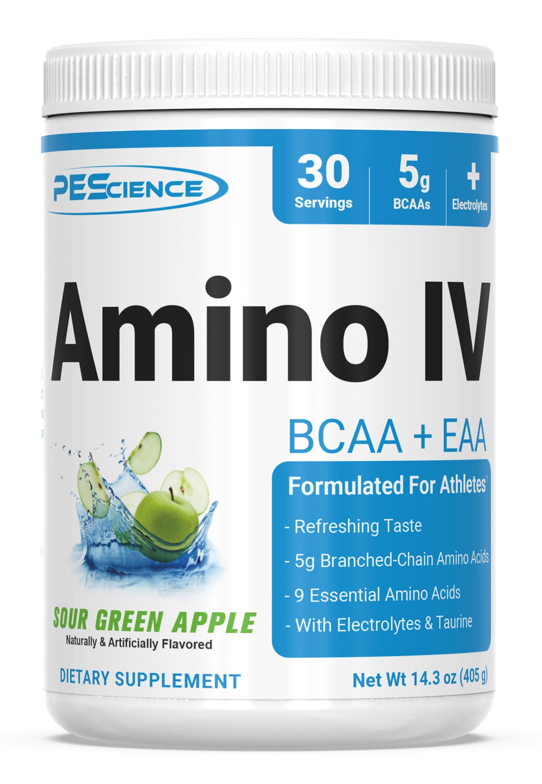 PEScience Amino IV BCAA & EAA Powder, Essential Amino Acids, Taurine, Electrolytes for Hydration and Muscle Recovery, Sugar Free for Men & Women, Post Workout - Sour Green Apple, 30 Servings