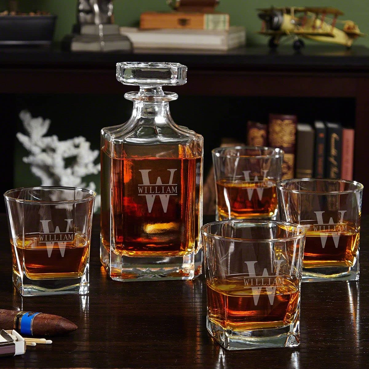 Personalized Whiskey Decanter Set with 4 Square Rocks Glasses - Gift Box Available