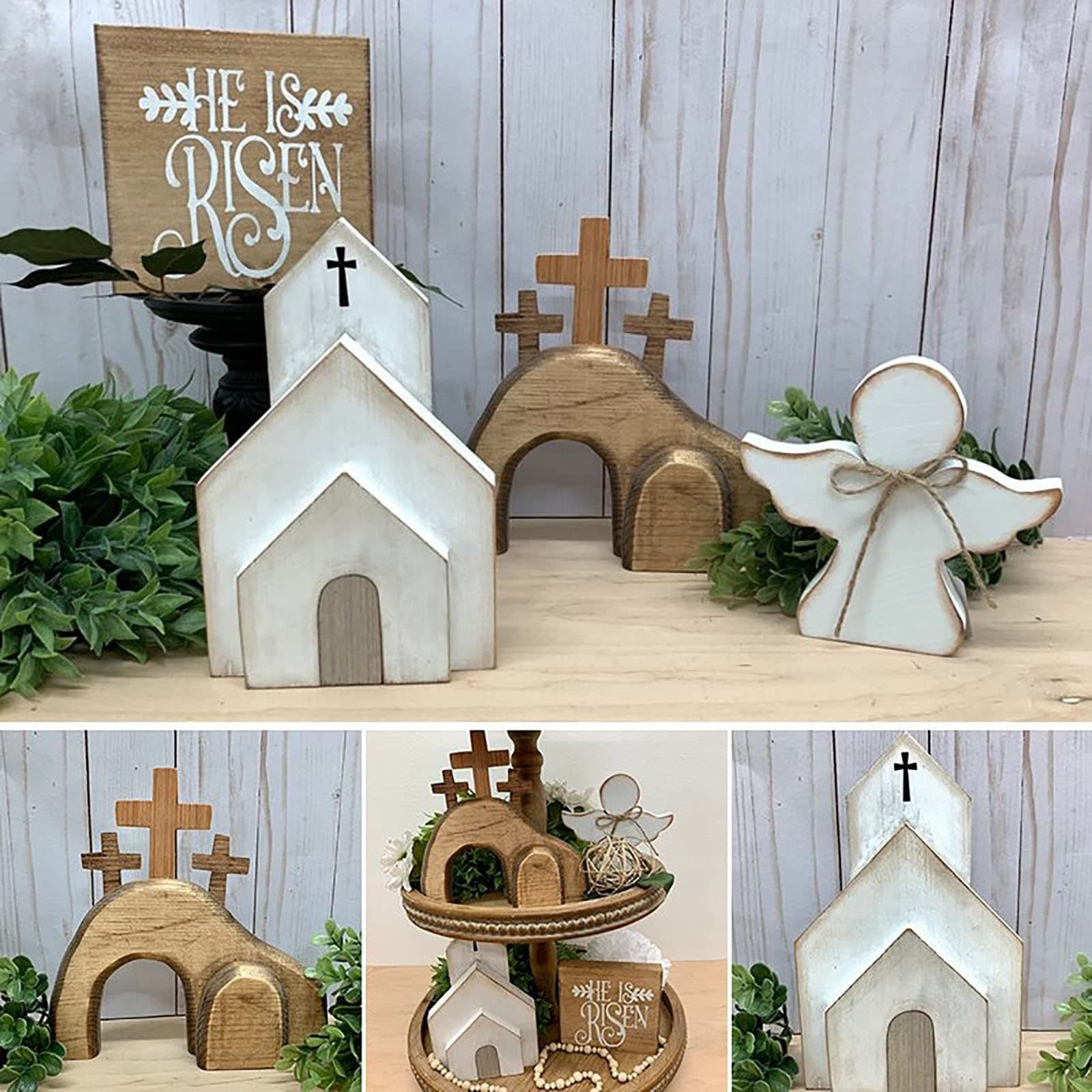 4PCS Easter Empty Tomb Jesus Decor Wooden Nativity Scene Set Resurrection Religious Farmhouse Statue He is Risen Signs Tiered Tray Ornament for Spring Holidays Indoor Home Table Decoration