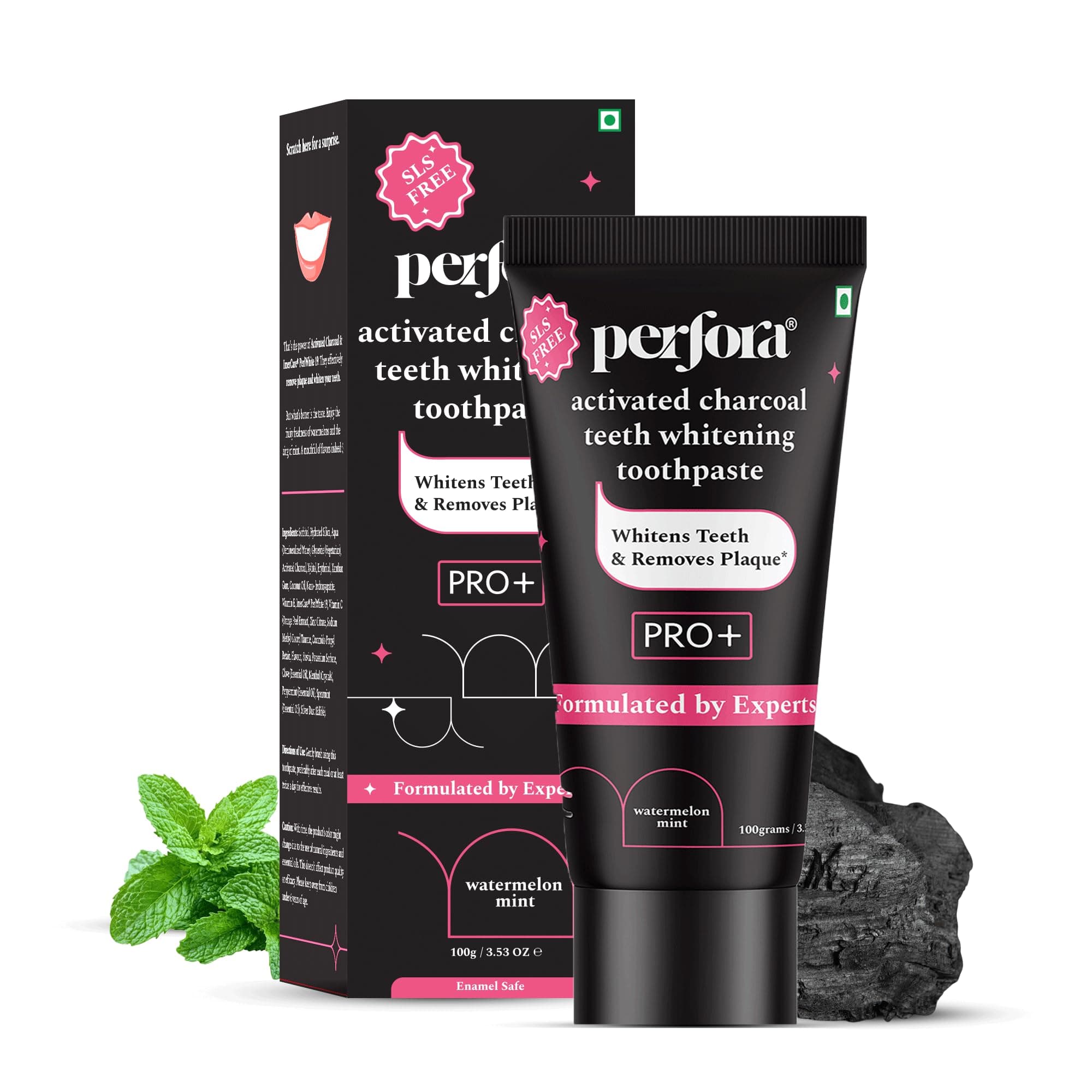 Perfora Activated Charcoal Whitening Toothpaste 100 gms | Enamel Safe Teeth Whitening Tooth paste | Removes Coffee, Tobacco & Wine Stains | SLS Free Toothpaste For Adults | Watermelon Mint