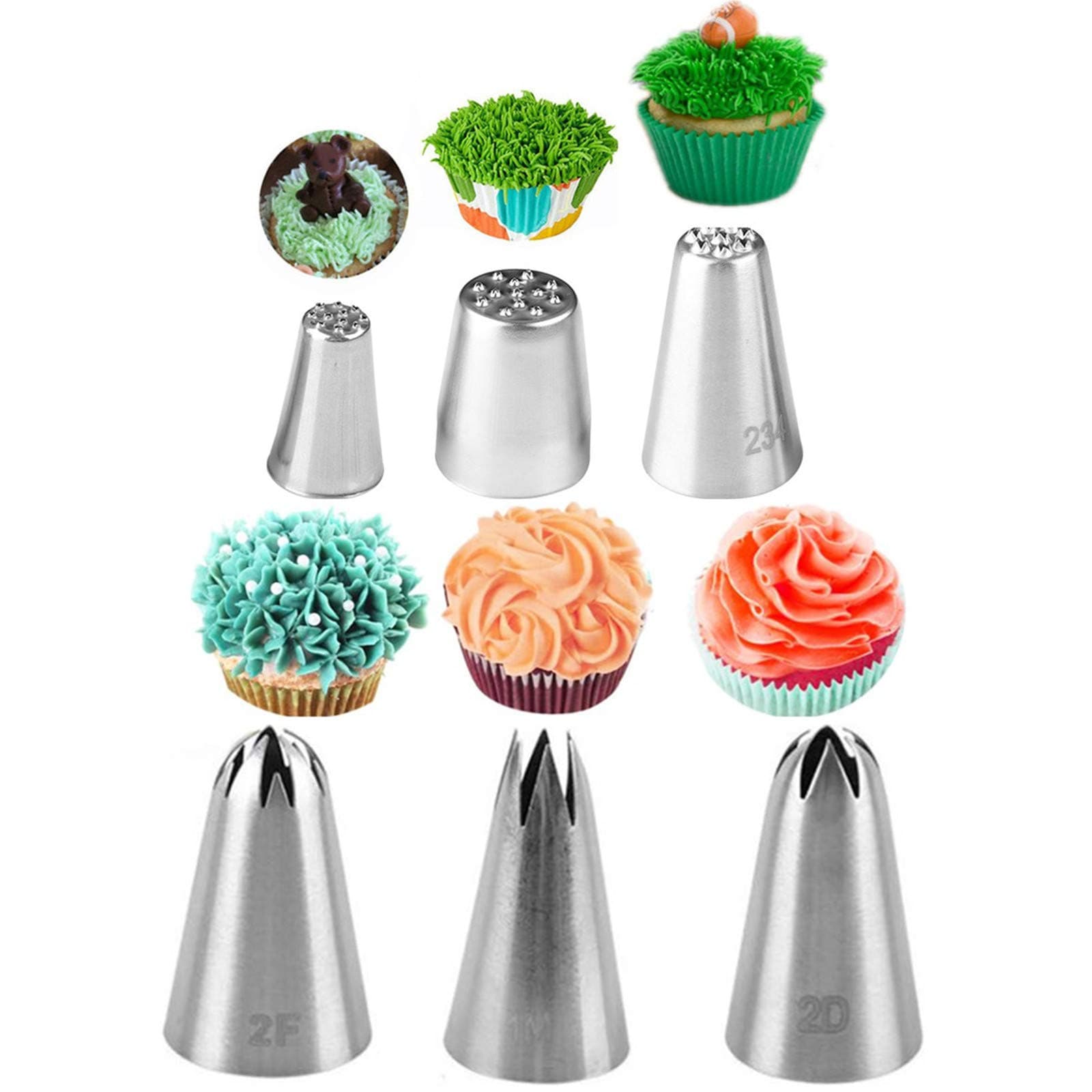 Cake Decorating Tips, 6 Pcs/Set Stainless Steel Flower Grass Icing Piping Nozzles for Cake Decorating Pastry Fondant Tools (Flower+Grass)