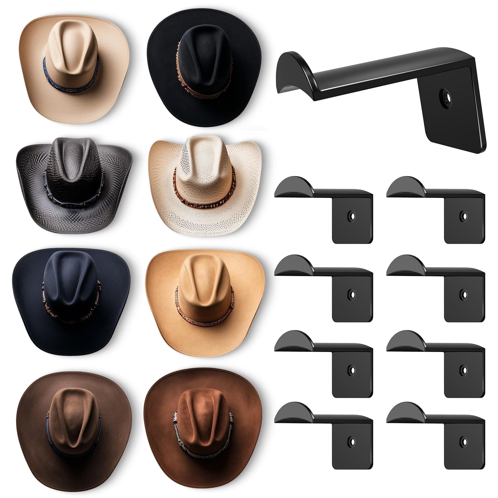 Aoodaily 2.8 Inch Hat Hooks for Wall - (8 Pack) Cowboy Hat Rack, Strong Adhesive Cap Holder, Organizer for Baseball Caps, Western Room Decor - Black