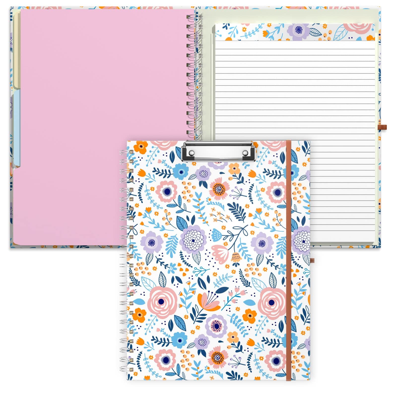Rimilak Spiral Clipboard Folio with Refillable Lined Notepad, 14.5 x 9.8 in, Hardcover Cover with 5 Interior Pockets, Elastic Band and Pen Loop Series. Cute Stylish Clipfolio, Purple Flower