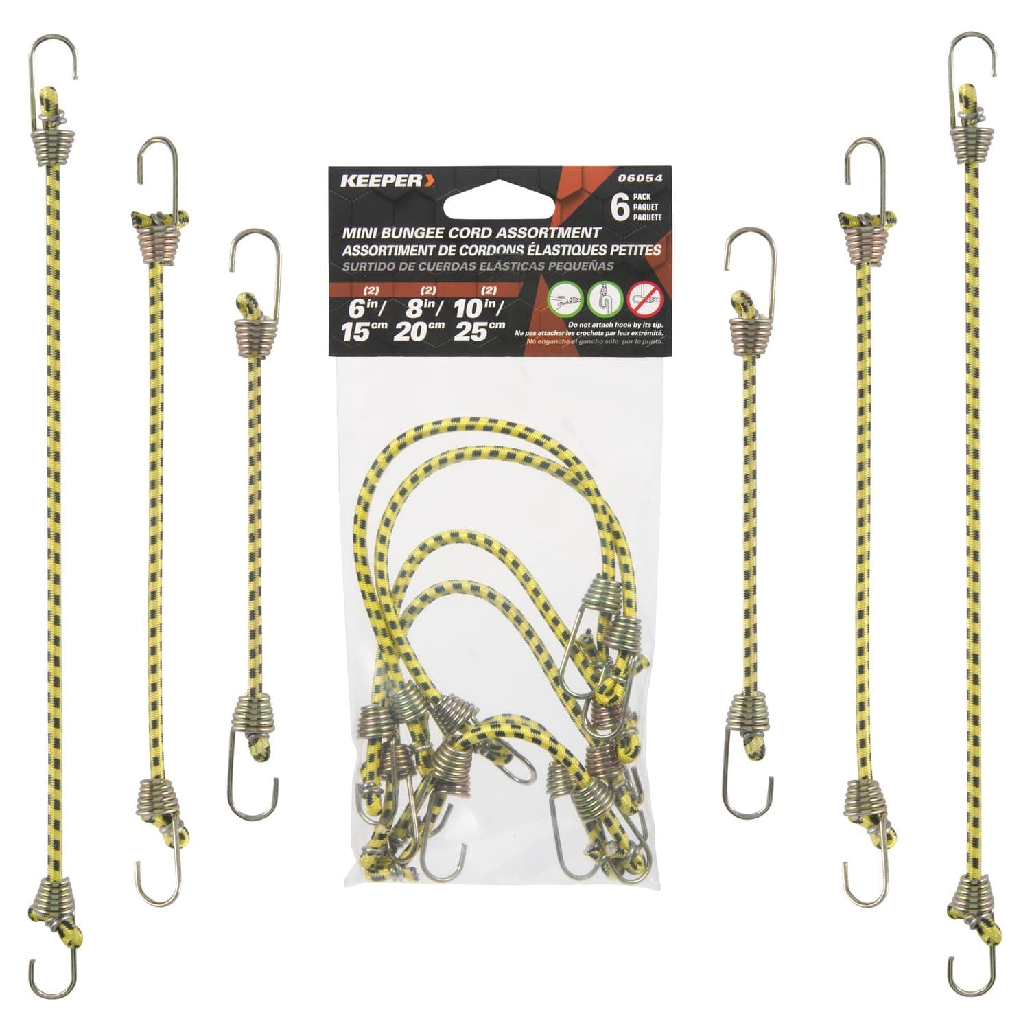 Keeper - Mini Bungee Cords in Multiple Sizes, Set of 6 - 6", 8", and 10”