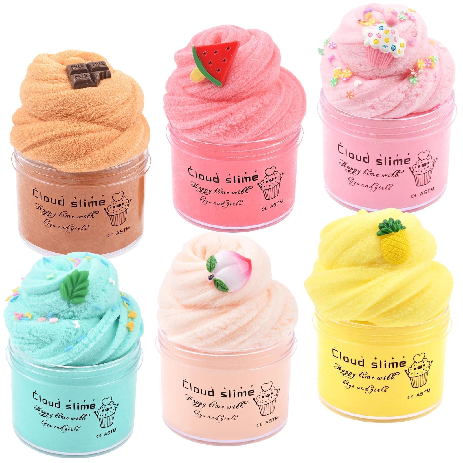 6 Pack Upgrade Cloud Slime Kits with Peach ,Watermelon,Mint Leaf Cloud Slime ,Pineapple, Candy Cake, Chocolate Bar Slime,Soft Stretchy DIY Sludge Slime Toys