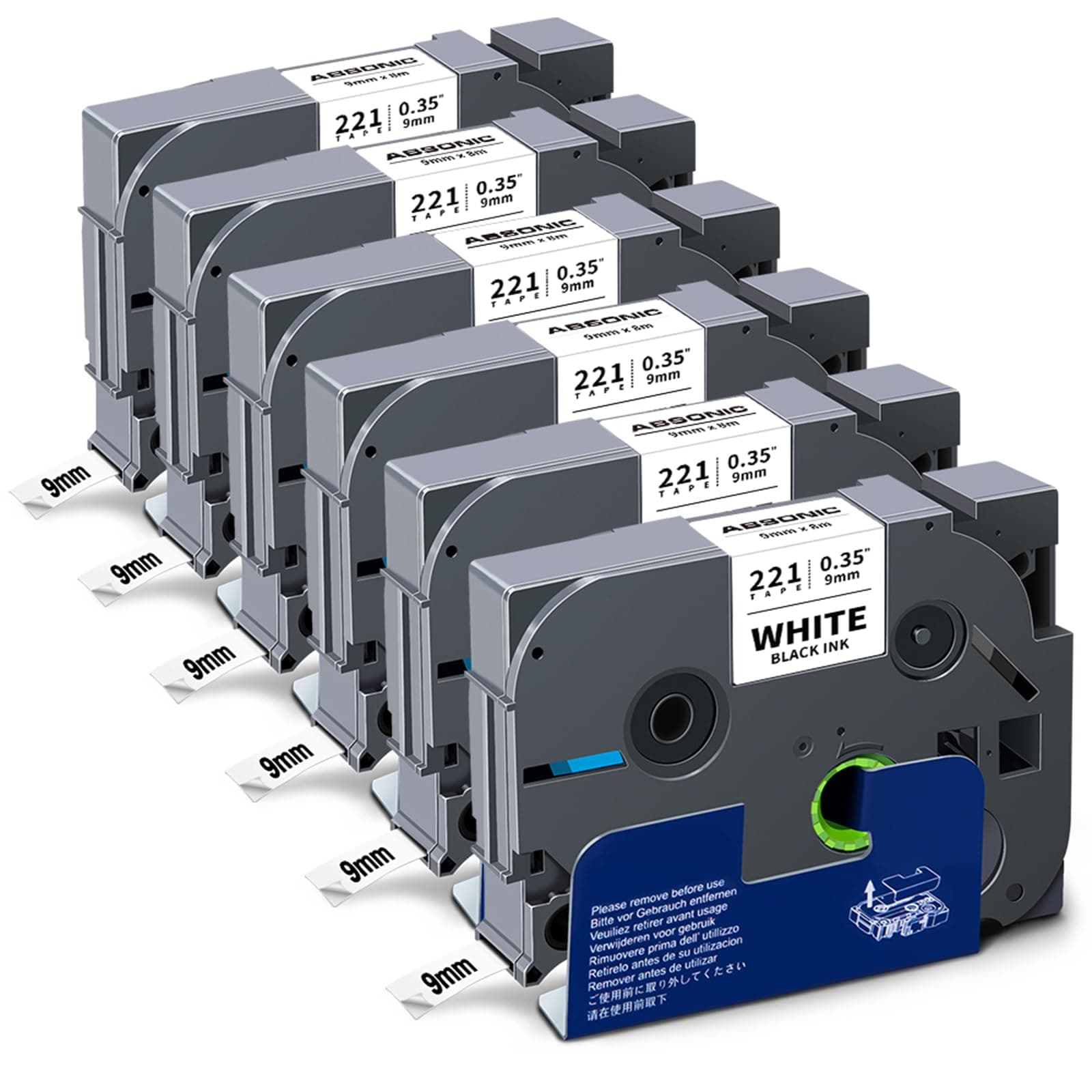Absonic 6-Pack Tz-221 9mm 0.35 Laminated White Tz Tape Compatible for Brother Tze-221 Tze221 Tz221 9mm P Touch Tze Label Tape 0.35" White for PTD220 PTD210 PT-H111 PT-D400 PT-D600 PT-H110 Label Maker