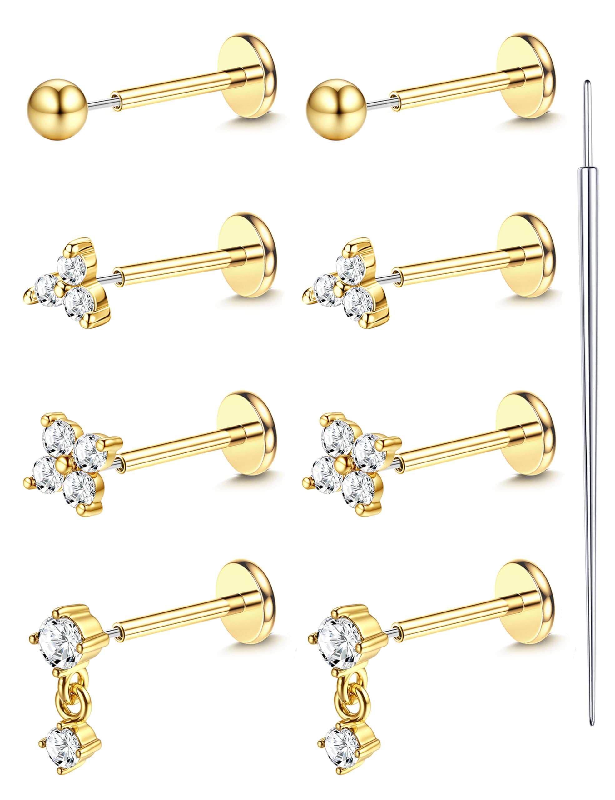 18K Gold Plated Threadless Flat Back Earrings Studs 316L Surgical Steel Push in Nose Studs Rings 20G 18G 16G CZ Tragus Cartilage Helix Conch Lip Labret Medusa Nostril Piercing Jewelry Hypoallergenic