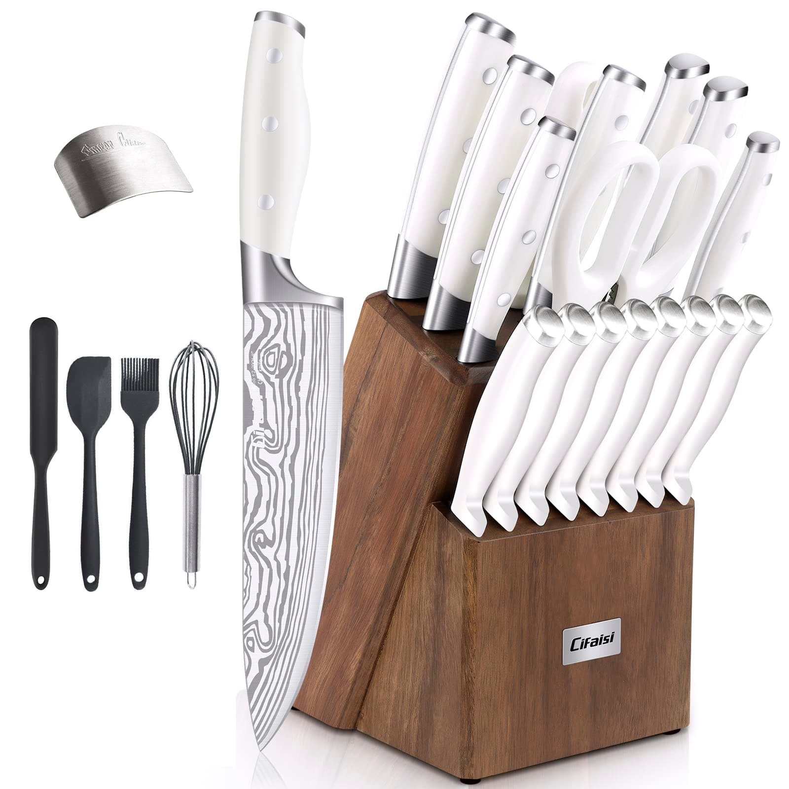 Knife Set, 23 PCS Kitchen Knife Set with Block, Germany High Carbon Stainless Steel Chef Knife Block Set, Knives Set for Kitchen with Sharpener & Finger Guard, Ultra Sharp, White