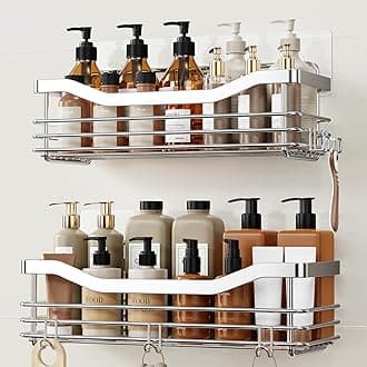 Orimade Shower Caddy Basket Shelf with 5 Hooks Adhesive Organizer Storage Rack Rustproof Wall Mounted Stainless Steel No Drilling for Bathroom, Toilet, Kitchen - 2 Pack