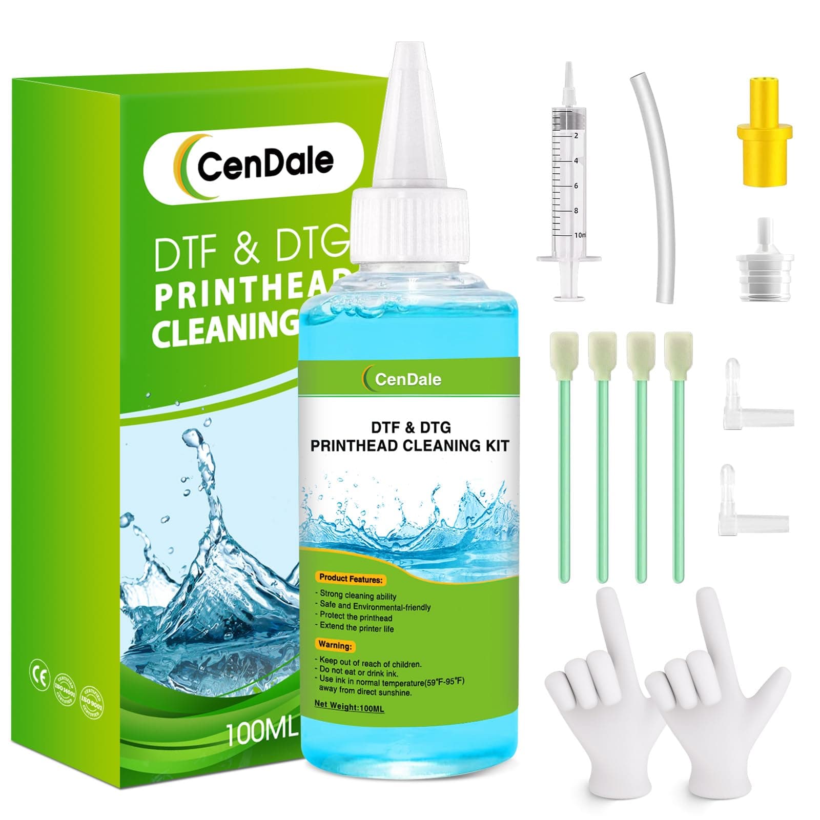CenDale Premium DTF Printhead Cleaning Solution - Universal Printhead Cleaner Kit for Any DTF & DTG Printers, Print Head Cleaning Kit for Epson ET8550 L1800 XP15000 R1390 XP600 Ink Printer (100ML)