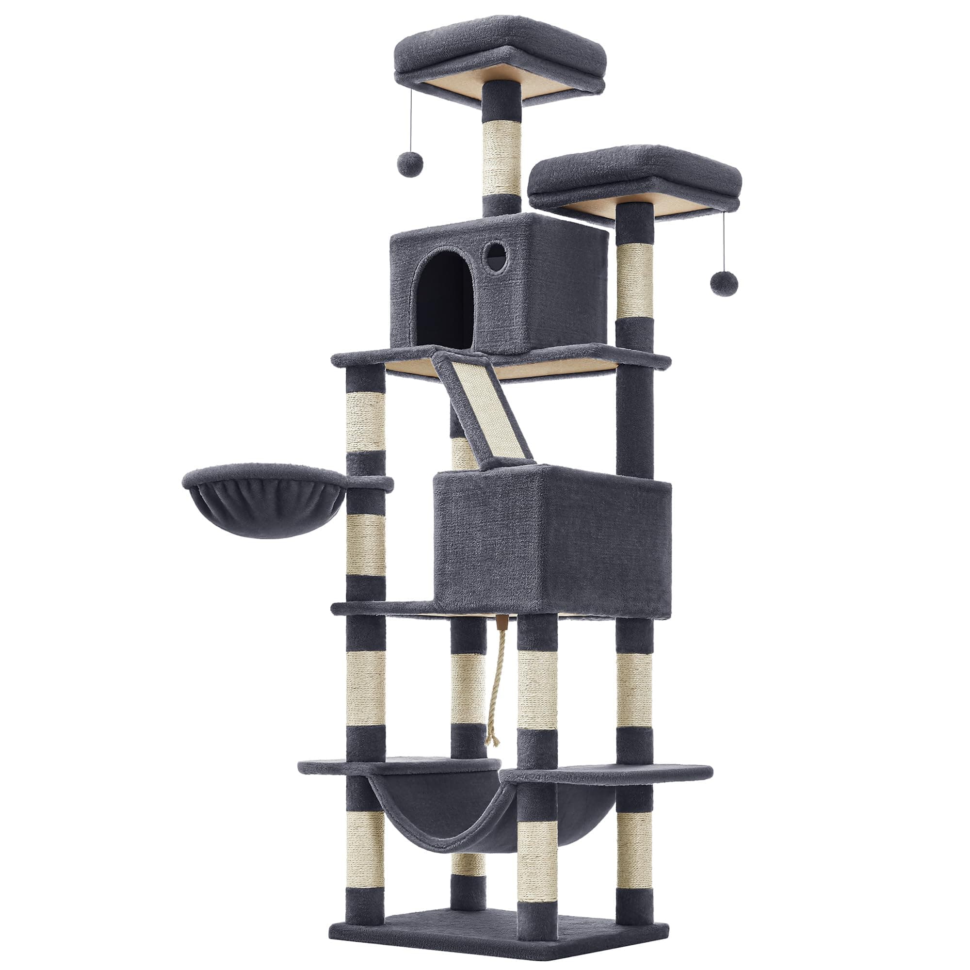 Feandrea Cat Tree, 206 cm Large Cat Tower Condo with 13 Scratching Posts, 1 Scratching Ramp, 2 Perches, 2 Caves, Basket, Hammock, Pompoms, Smoky Grey PCT190G01V1