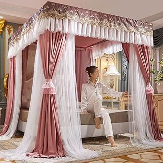 Bed Curtain Four Poster Bed Canopy Net Double Layer Princess Curtains Canopy for Girls Single/King Size Bed with Frame, 150 × 200 × 200 cm