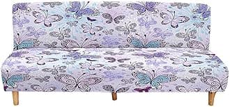 Mateju Armless Sofa Bed Cover, Butterfly Pattern Folding Sofa Bed without Armrests, Non Slip Stretch Futon Slipcover Protector for 2-3 Seater, Washable Couch Bed Slipcovers (Light purple,120-150cm)