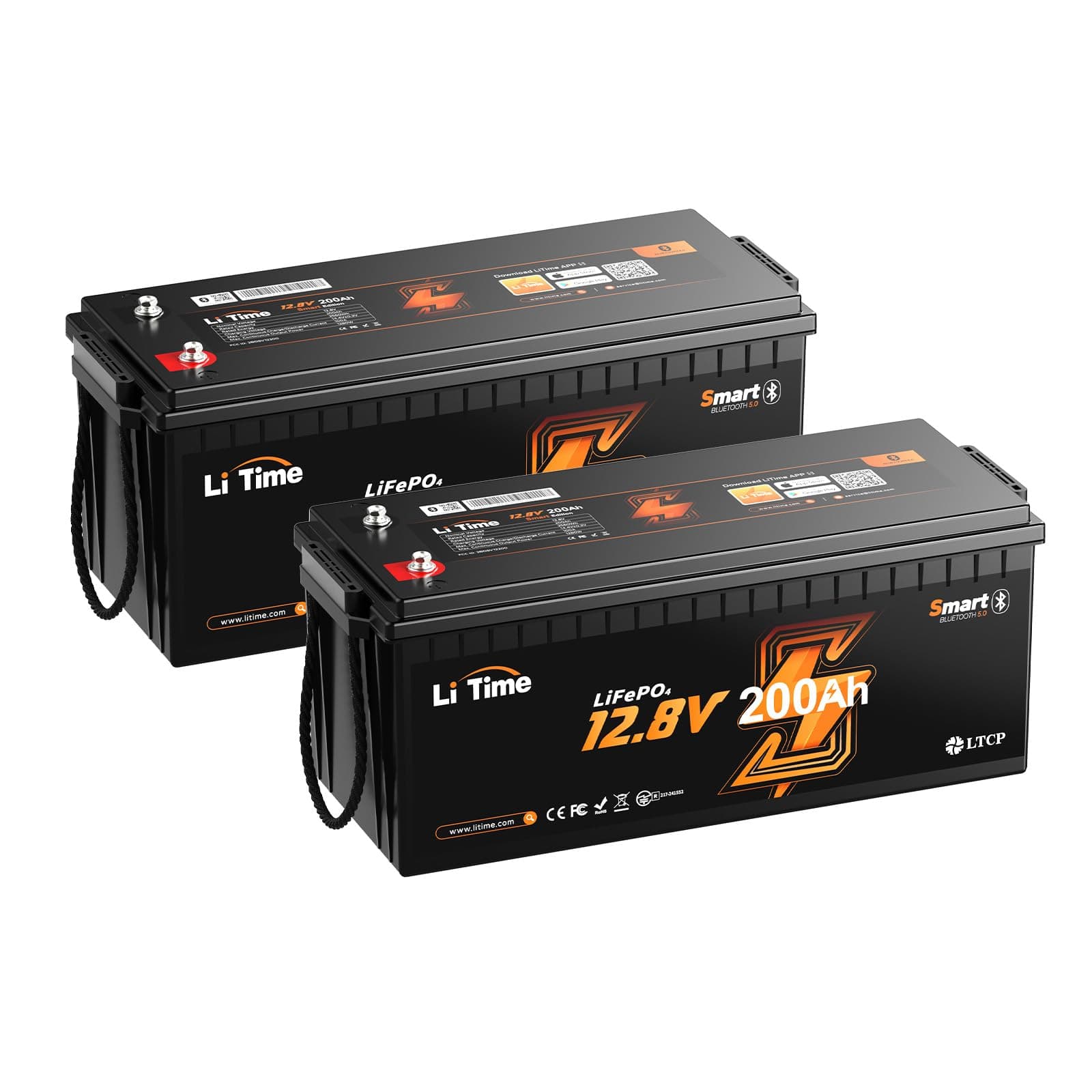 Litime 2Pack 12V 200Ah LiFePO4 Lithium Deep Cycle Battery Bluetooth, Low-Temp Protection, 2560Wh Energy Max. 1280W Load, Built-in 100A BMS, Up to15000 Cycles, Perfect for RV, Solar Energy Storage