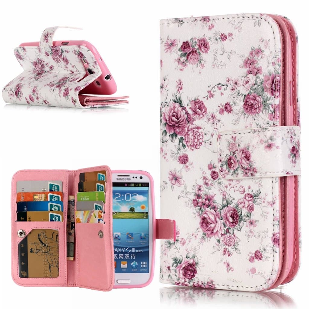 BoxTii Samsung Galaxy S3 Case + Free Screen Protector, Leather Case with TPU Cover for Galaxy S3, Flip Wallet with Card Slots for Galaxy S3 (#10 Flower)