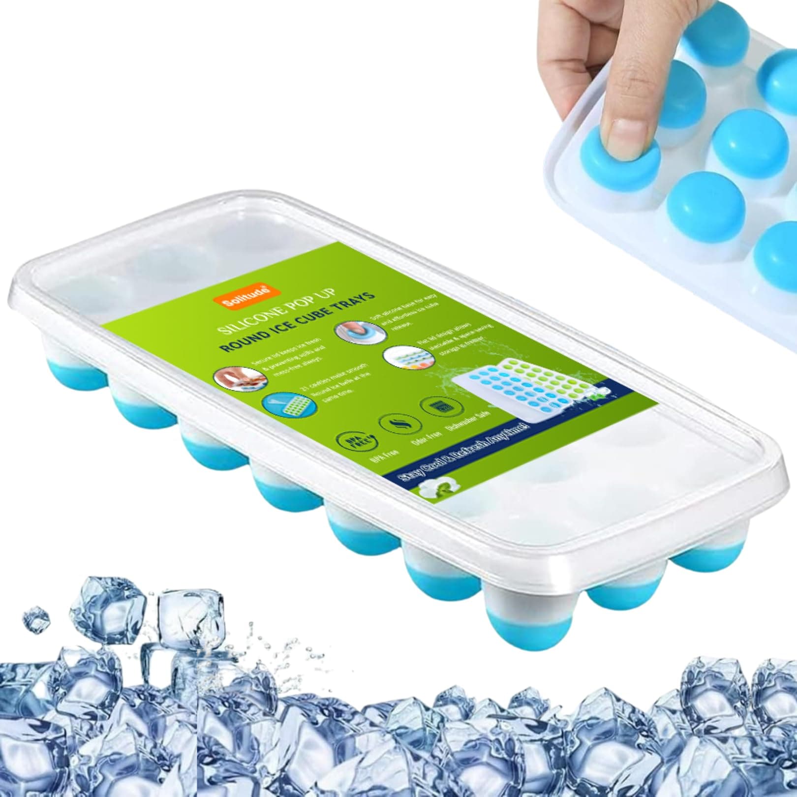 Solitude Silicone Pop Up Ice Cube Mold Trays with Lid for Freezer with Easy Release Flexible Silicone Bottom, Stackable Whiskey Bar Ice Cube Moulds (Multicolor, Pack of 1)