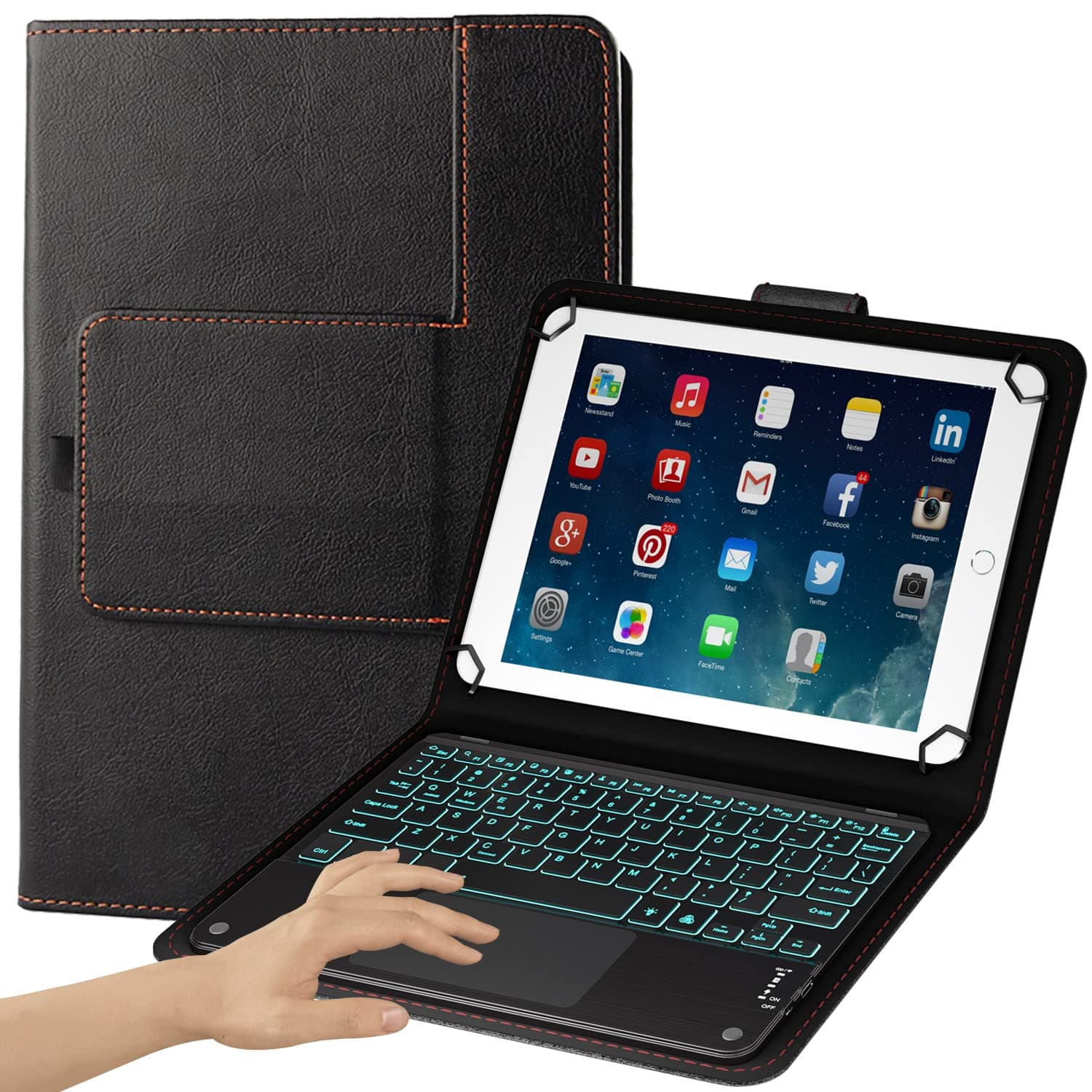 TouchPad Keyboard case for 9",9.7",10.1",10.2",10.5",10.9",11" Tablets,2-in-1 Bluetooth Wireless Keyboard with Touchpad,7 Colors Backlit & Leather Folio Cover(Black)
