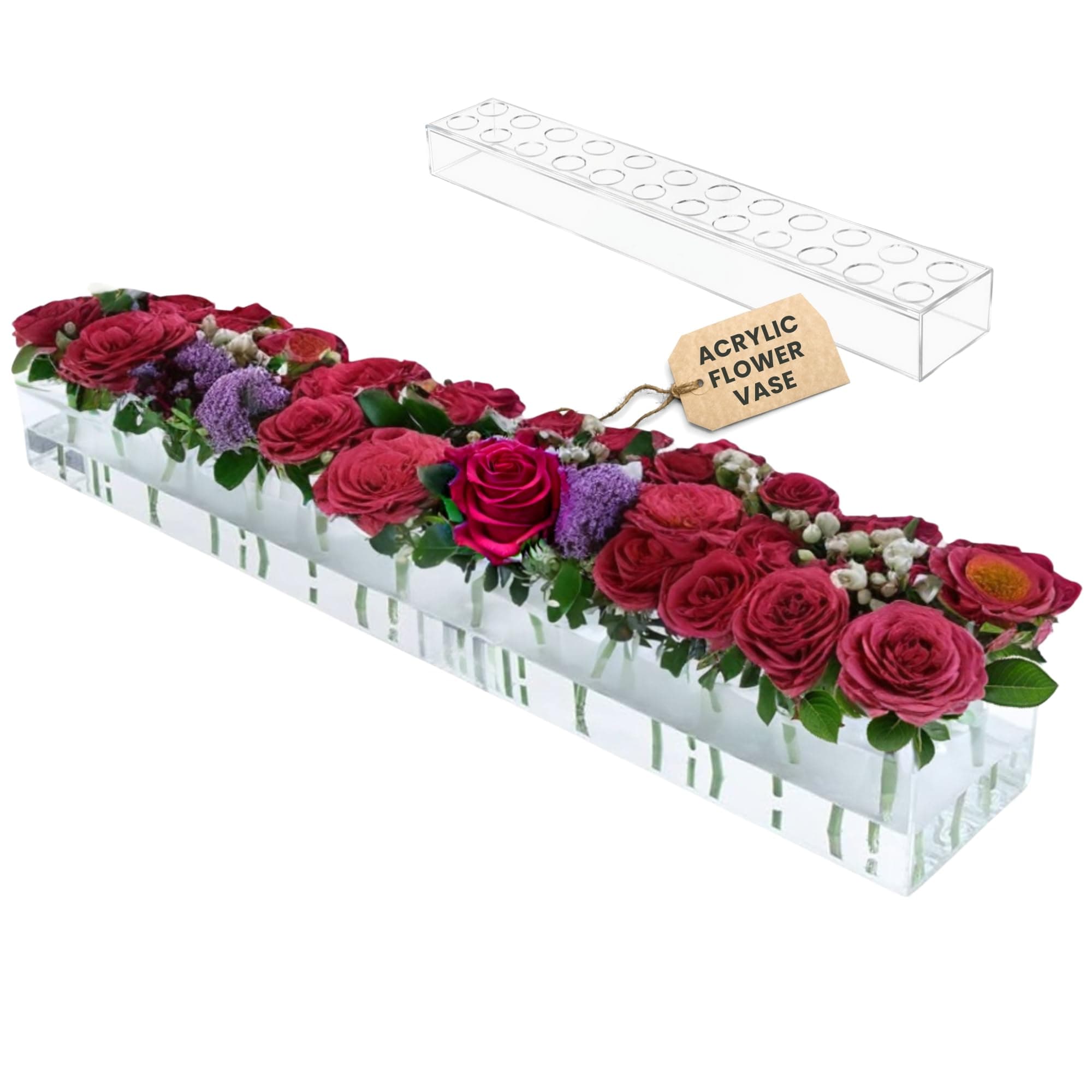 Acrylic Flower Vase Rectangular, Clear Floral Centerpiece for Dining Table 24 Inch Long Rectangle Acrylic Vase for Home Wedding Dining Table Decor (24 Holes)