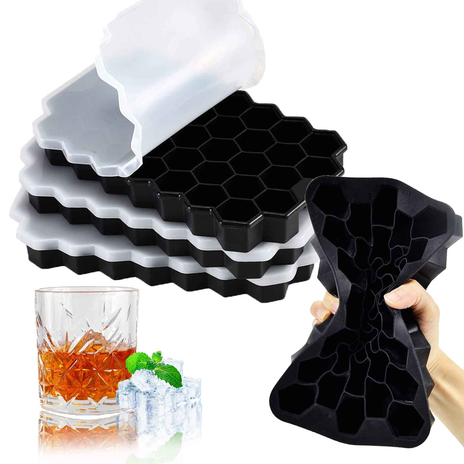 VoJoPi Ice Cube Tray, 3 Pack Silicone Ice Cube Moulds with Stackable Lids, Easy Release Silicone and Each Makes 37 Hexagonal Ice Cubes, Keep Gin, Drinks, Whiskey, Cocktails Cool and Fresher, Black