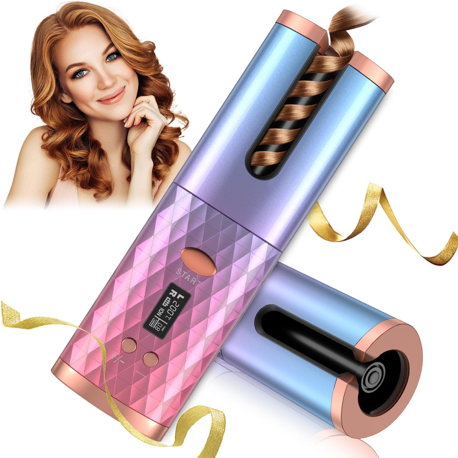 Rotating Curling Iron 1 Inch, Cordless Automatic Curling Iron with Ceramic Curling Wand, 6 Heat Settings, Auto Shut-Off, Detangle & Scald-Free Automatic Hair Curler for Hair Styling, Pink Blue