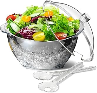 INNOVATIVE LIFE Large Salad Bowl with Ice Chiller Base and Lid, Kitchen Refrigerated Veggie Tray with Two Long Spoons, Party Platters for Food, Clear