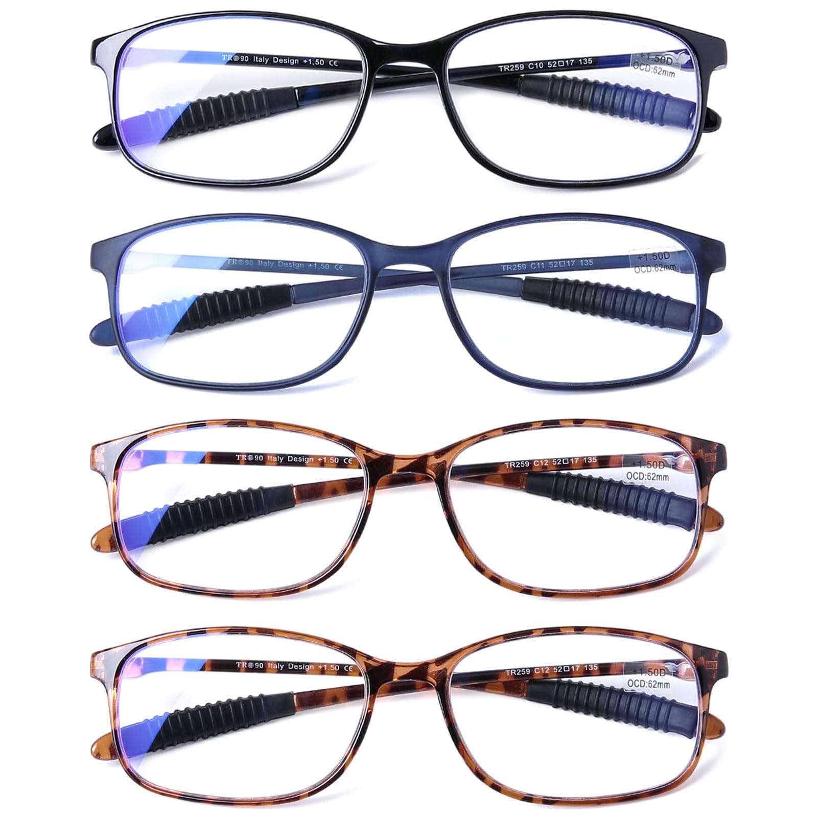 DOOViC Reading Glasses 4 Pack Blue Light Blocking TR90 Flexible Lightweight Computer Readers for Men Women