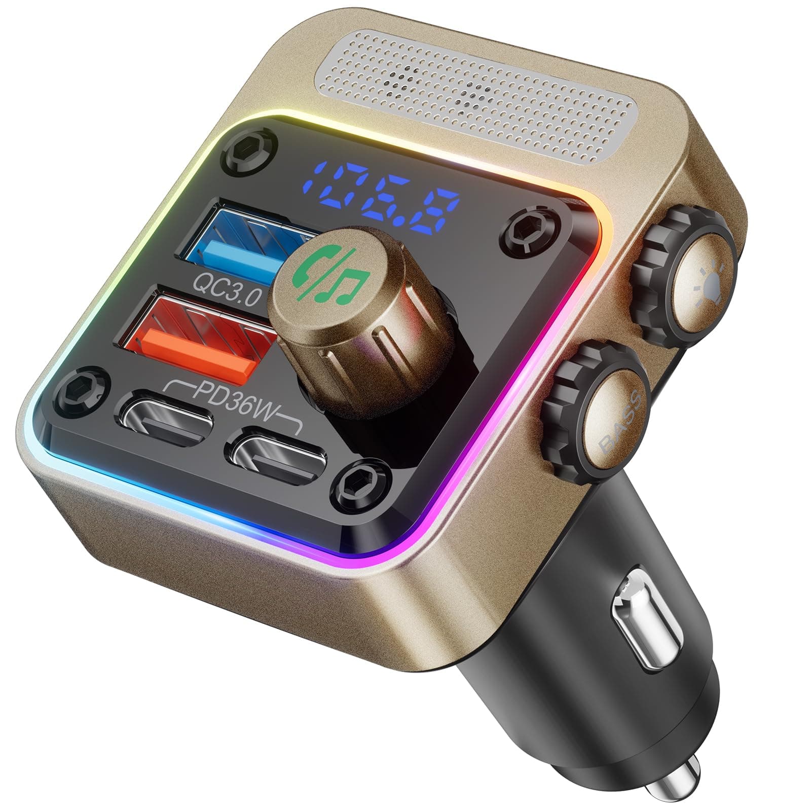 Nulaxy 54W Bluetooth 5.3 Car Adapter with 4 Charging Ports [PD 36W & QC3.0 18W], Wireless Radio FM Transmitter with Deep Bass Player & 5 Colors LED Backlit, Hands-Free Calling - Gold