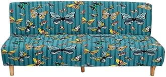 Mateju Armless Sofa Bed Cover, Butterfly Pattern Folding Sofa Bed without Armrests, Non Slip Stretch Futon Slipcover Protector for 2-3 Seater, Washable Couch Bed Slipcovers (Peacock blue,160-190cm)