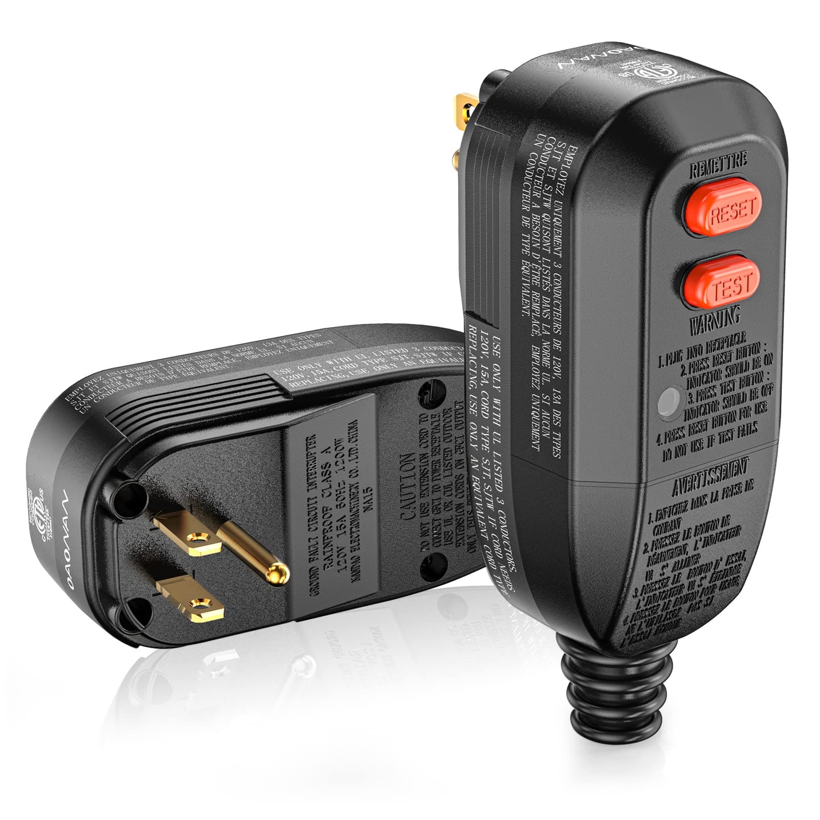 GFCI Replacement Plug Assembly Auto Reset 15 Amp 3 Prongs, 5 Years Warranty, Ground Fault Circuit Interrupter Safety Plug for Pressure Washer, Hot Tub, Air Conditioner, Hair Dryer