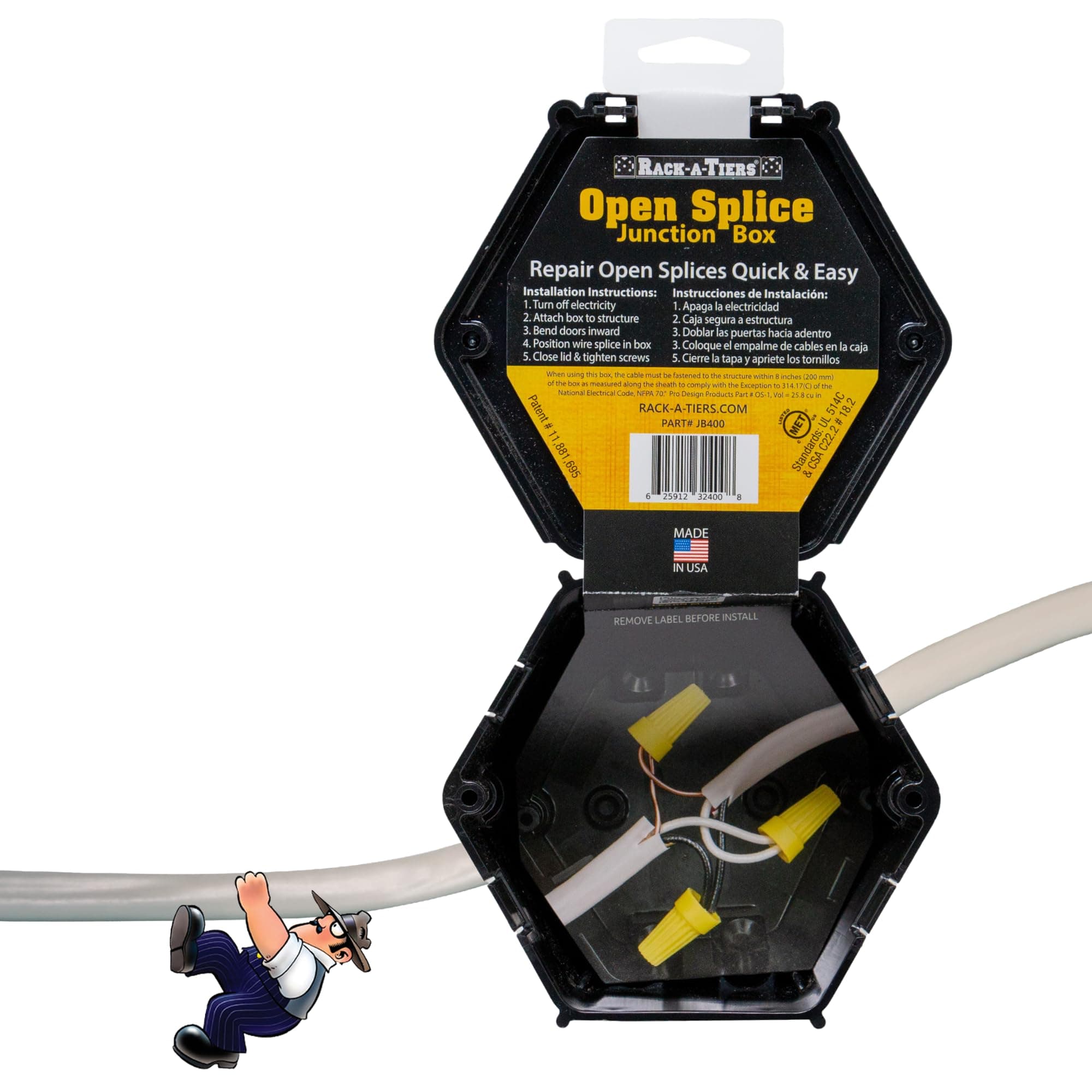 Rack-A-Tiers Open Splice Junction Box - Single, 5 Second Installation, Repair Open Splices