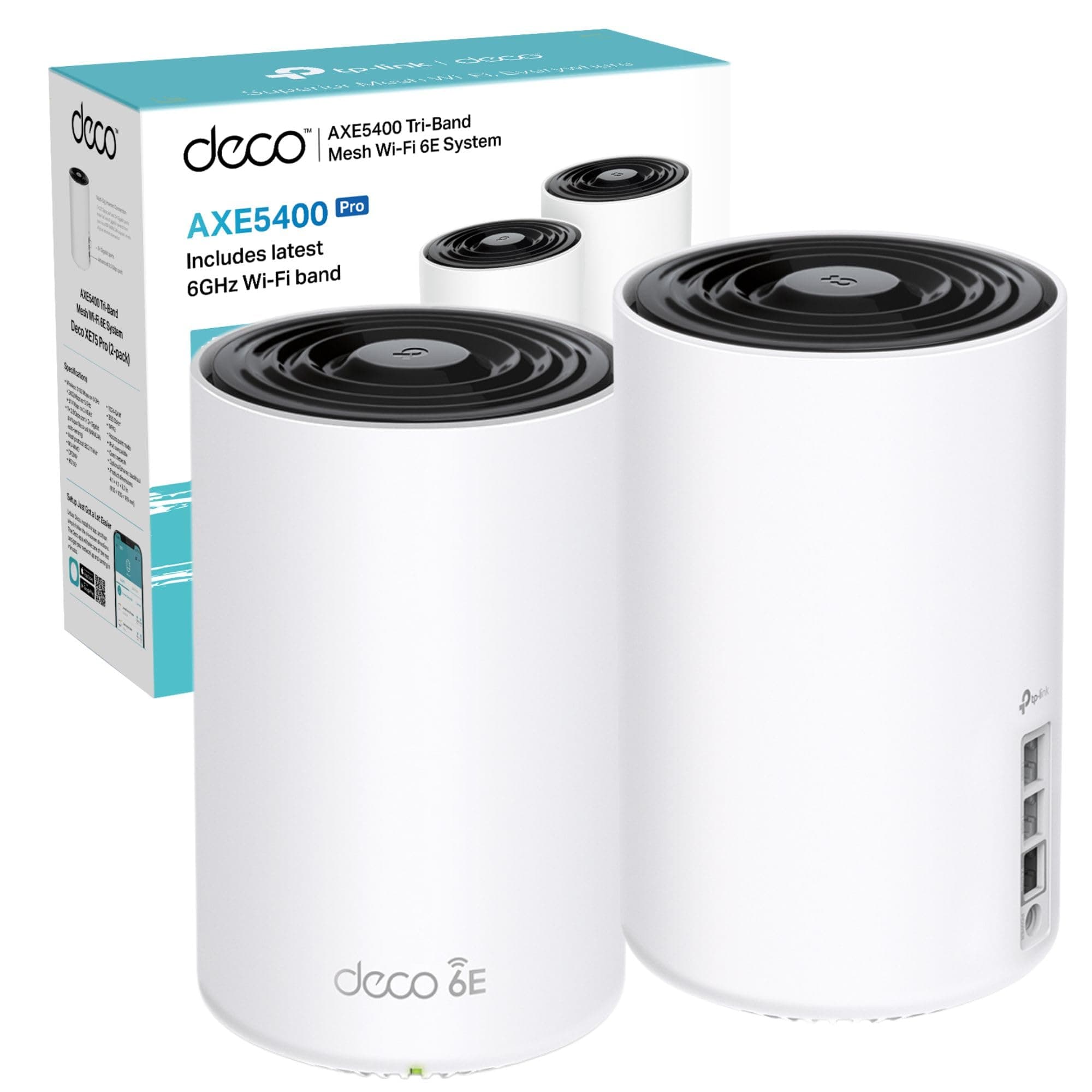 TP-Link Deco XE75 Pro(2-pack) AXE5400Mbps Wi-Fi 6E WiFi Mesh System, 2.5 Gbps Port, True Tri-Band Speed, AI-Driven WiFi Booster Router, Covers 500m2, 8K Streaming, Gaming Routers, Easy Setup
