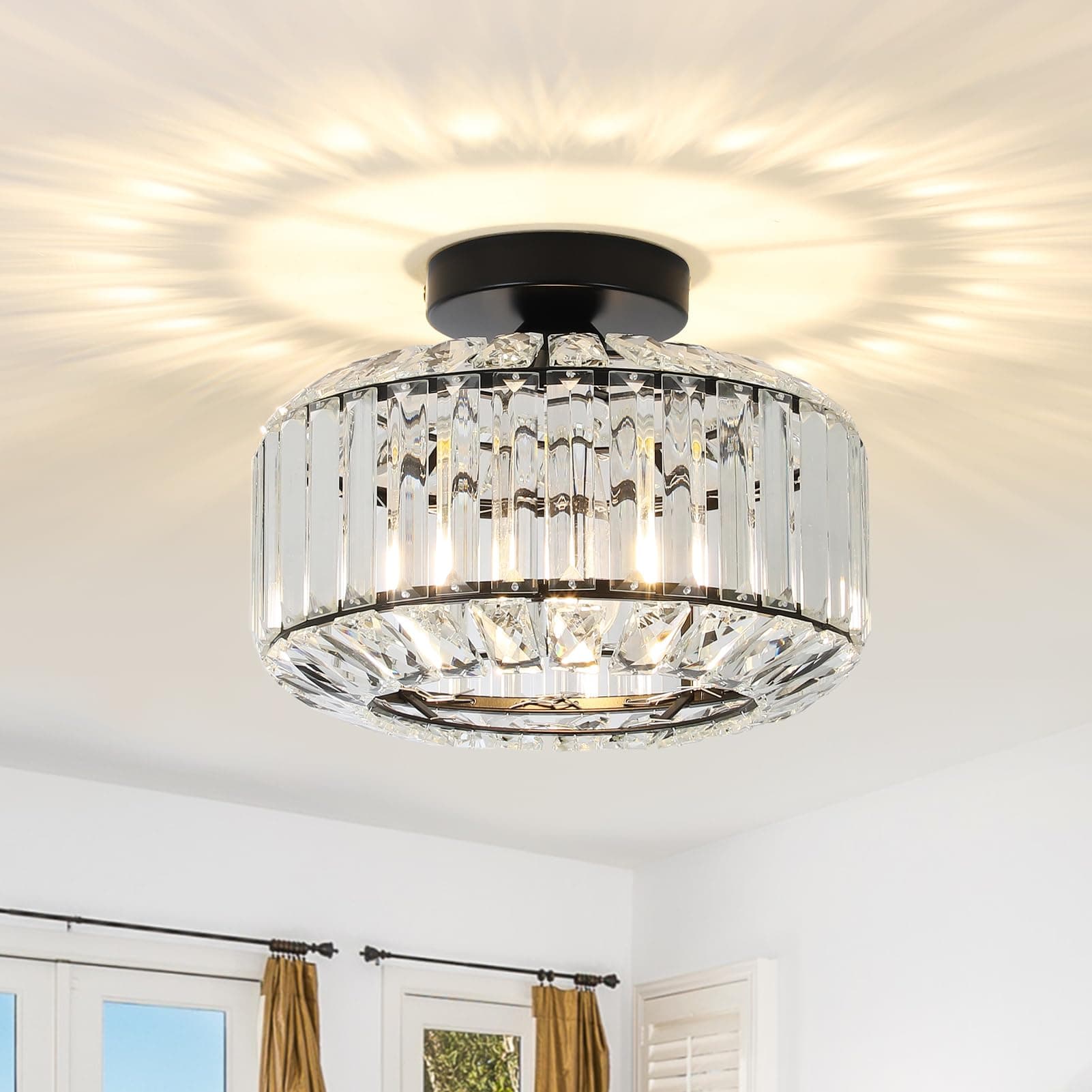 Crystal Semi Flush Mount Ceiling Light, Black Kitchen Lighting Fixtures Ceiling, Modern Bedroom Chandelier Living Room Light Fixtures Ceiling Mount, Bathroom Ceiling Light for Entryway Hallway
