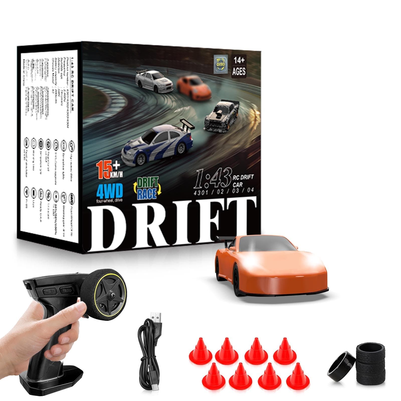 RC Drift car, 1/43 Mini Rc Drift car with Gyroscope, 2.4GHz Full Proportional Remote control Cars, 4WD High Speed Racing with Lights, Racing Tires, Model Cars Gift for Adults, Kids, Boys, Girls