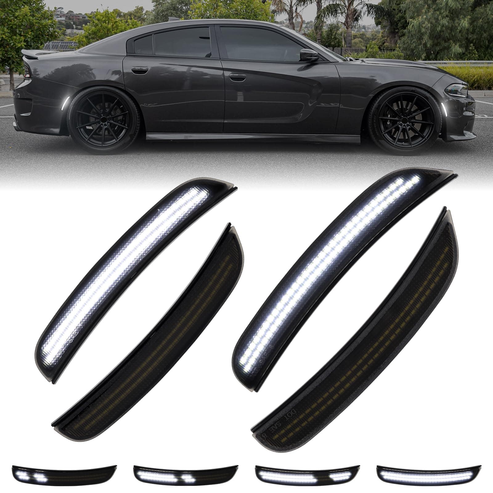 Dynamic White LED Side Marker Lights for Dodge Charger 2015 2016 2017 2018 2019 2020 2021 2022 2023 2024, Smoked Lens Front Rear Charger Bumper Reflector Lamp, 4PCS