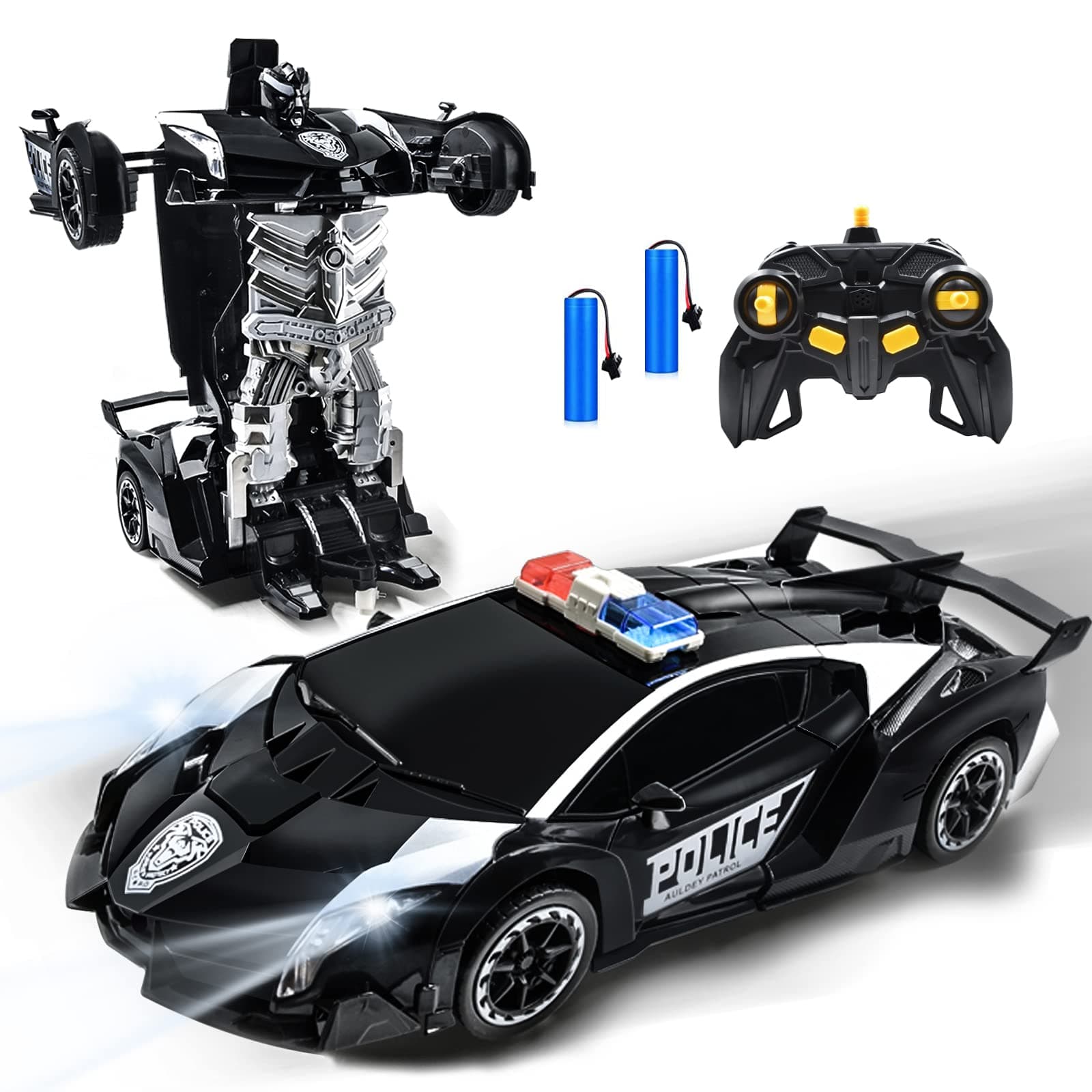 VillaCool Remote Control Robot Car, 1:14 Scale Transform RC Police Car with Gesture Sensing One-Button Deformation & 360 Speed Drifting,Best Gifts for Boys Girls (Cool Black)