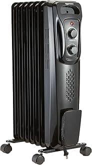 Amazon Basics Portable Oil Radiator Heater, Indoor Use, 3 Heat Settings, Over-Heat Protection, ETL-certified Safety, 7 Oil-Filled Steel Fins, 1500W, Tip-Over Protection, 11"D x 14.8"W x 25.2"H, Black